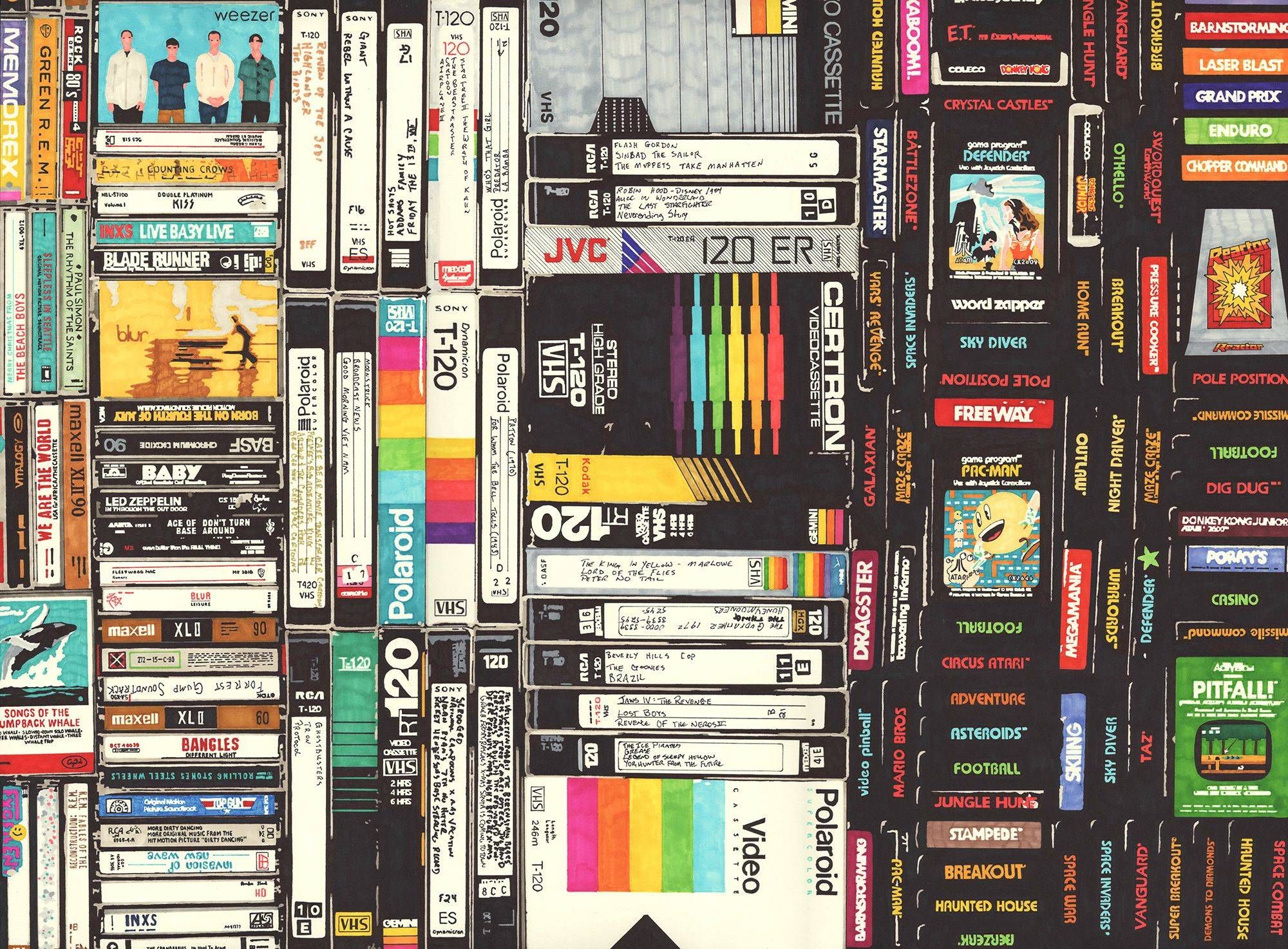 Cassettes, VHS & Atari permanent marker on paper by Hollis Brown ...