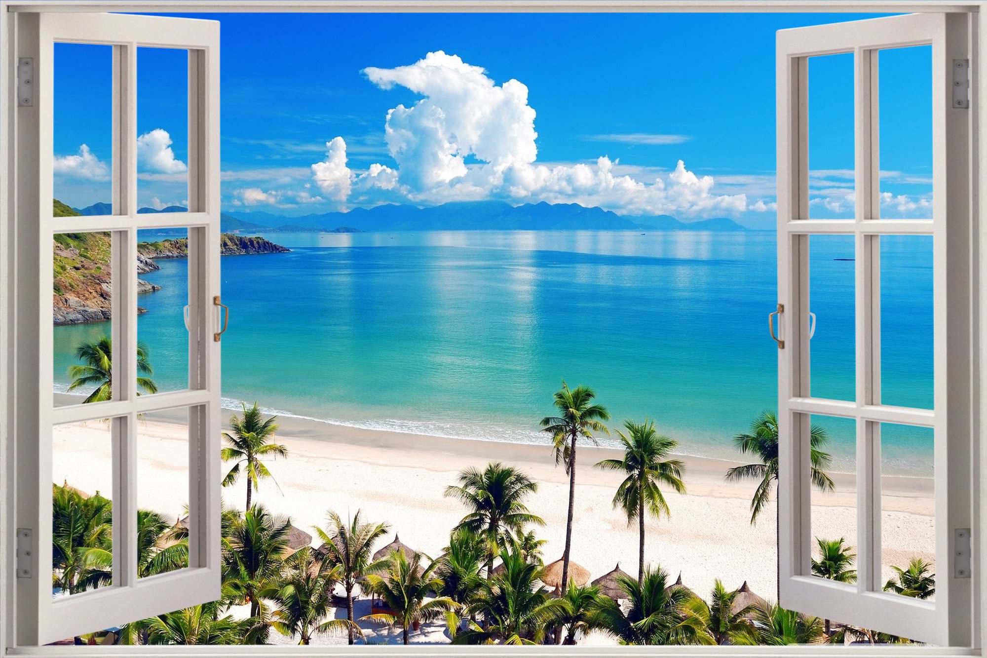 Huge 3D Window view Exotic Ocean Beach Wall Sticker Film Art Decal ...
