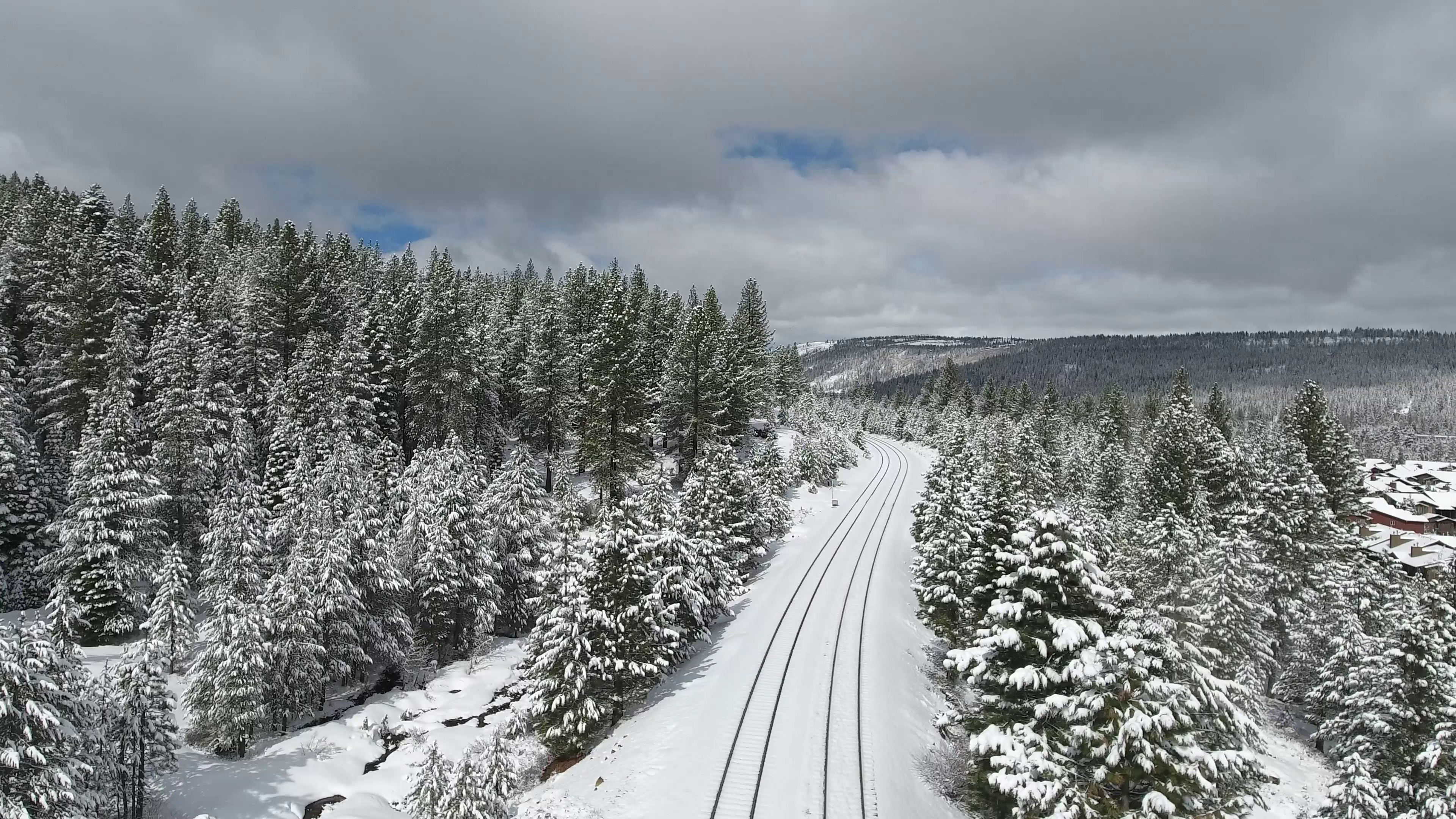 View of Forest Coated with Snow, Clouds, Railroad track, Wood, Winter landscape, HQ Photo