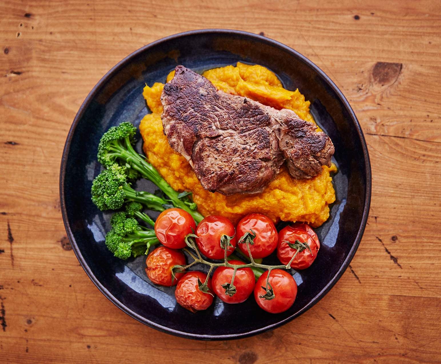 Recipe Beef with pumpkin mash, steamed vine tomatoes and broccolini ...