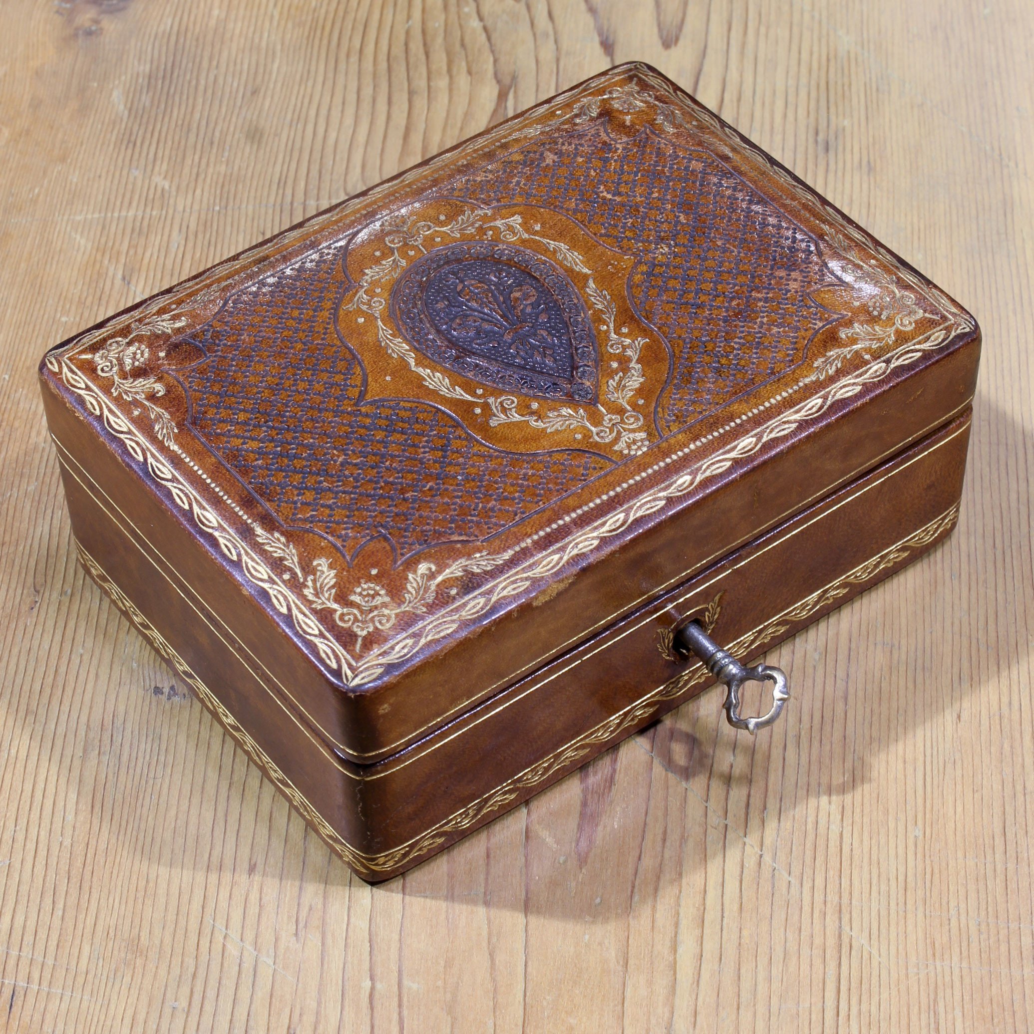 Vintage Italian Tooled Leather Jewelry Box - Fatto a Mano Antiques