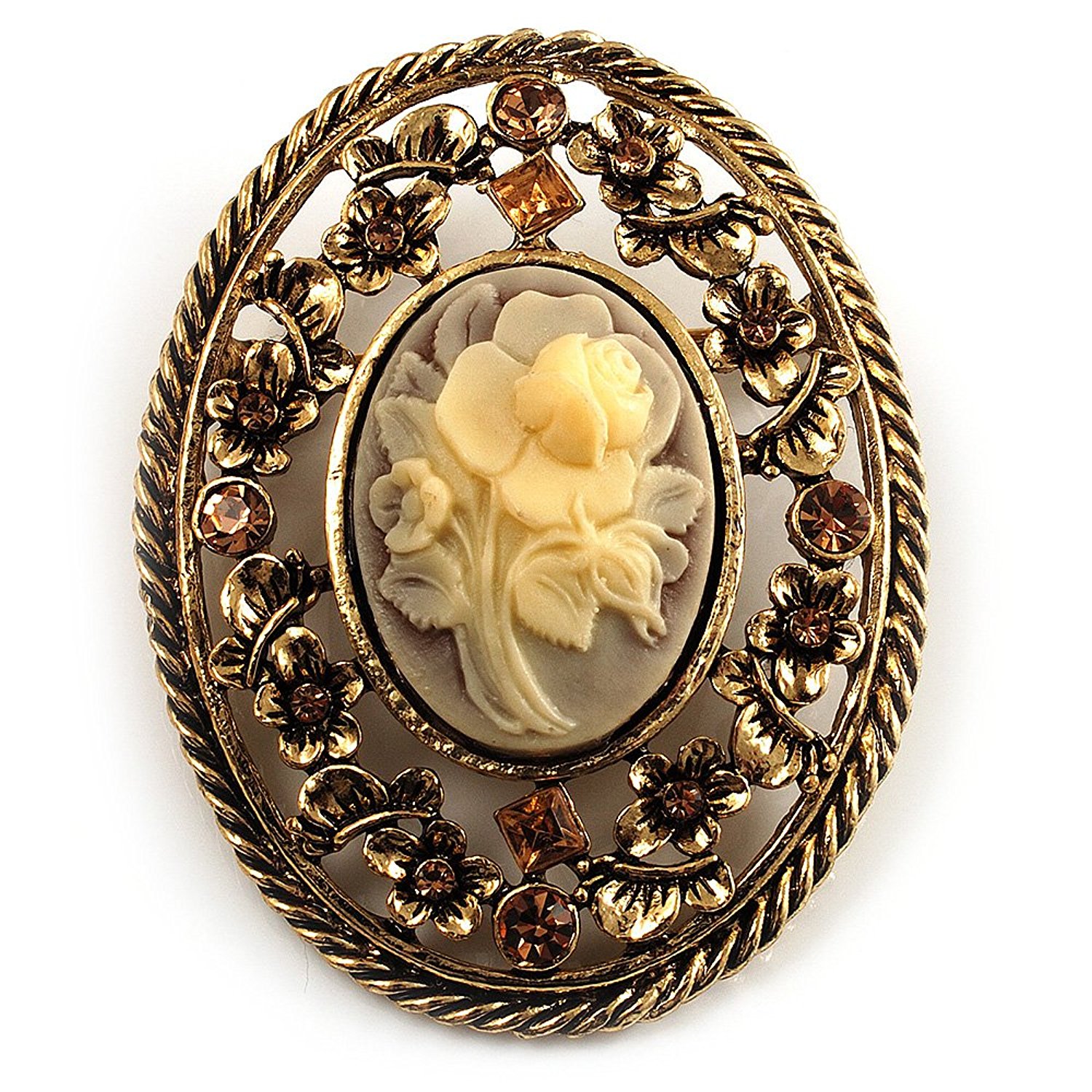 Avalaya Vintage Floral Crystal Cameo Brooch (Antique Gold Finish ...