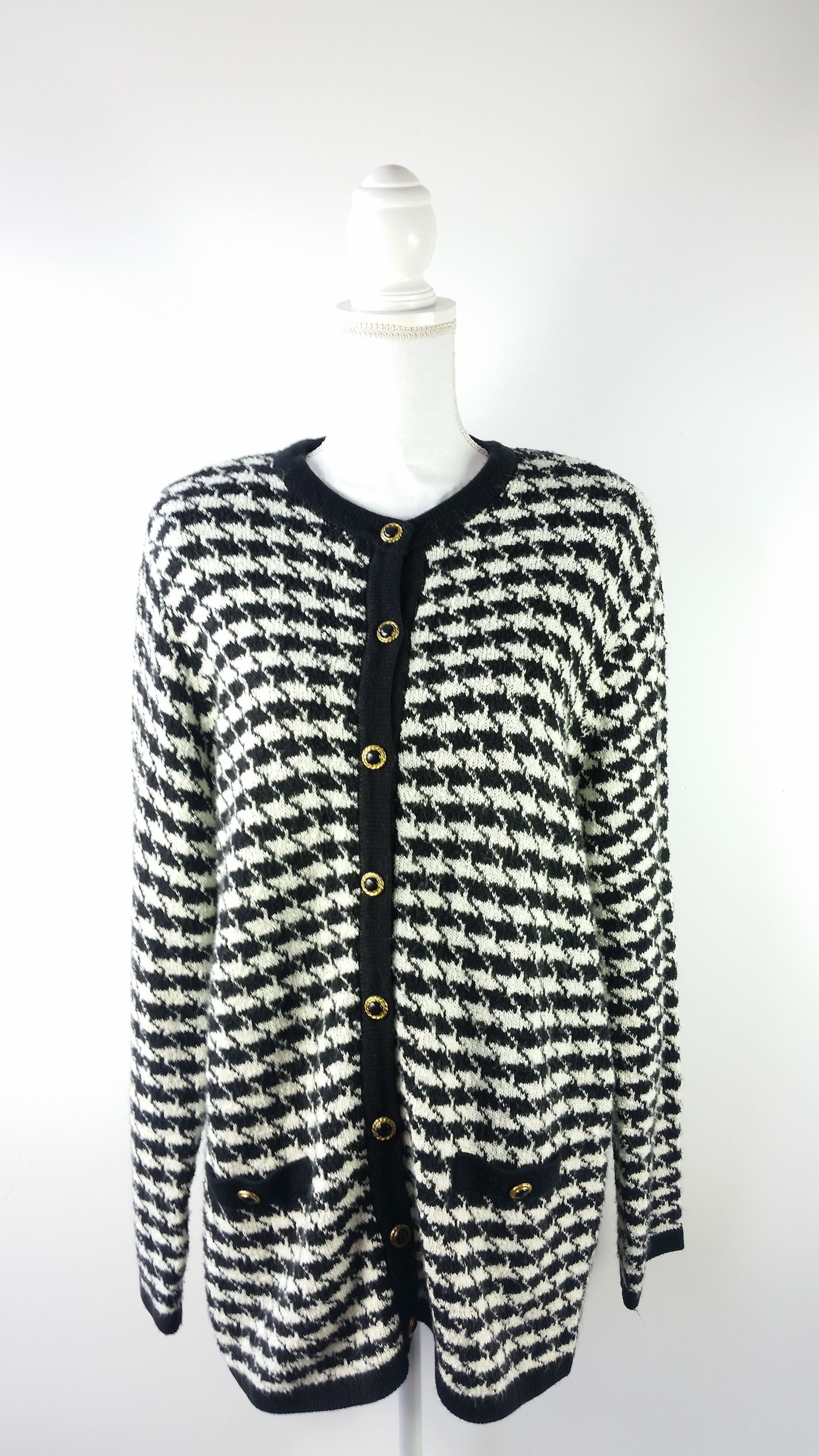 Vintage Houndstooth Black White Preppy Cardigan Sweater Sz 2X ...