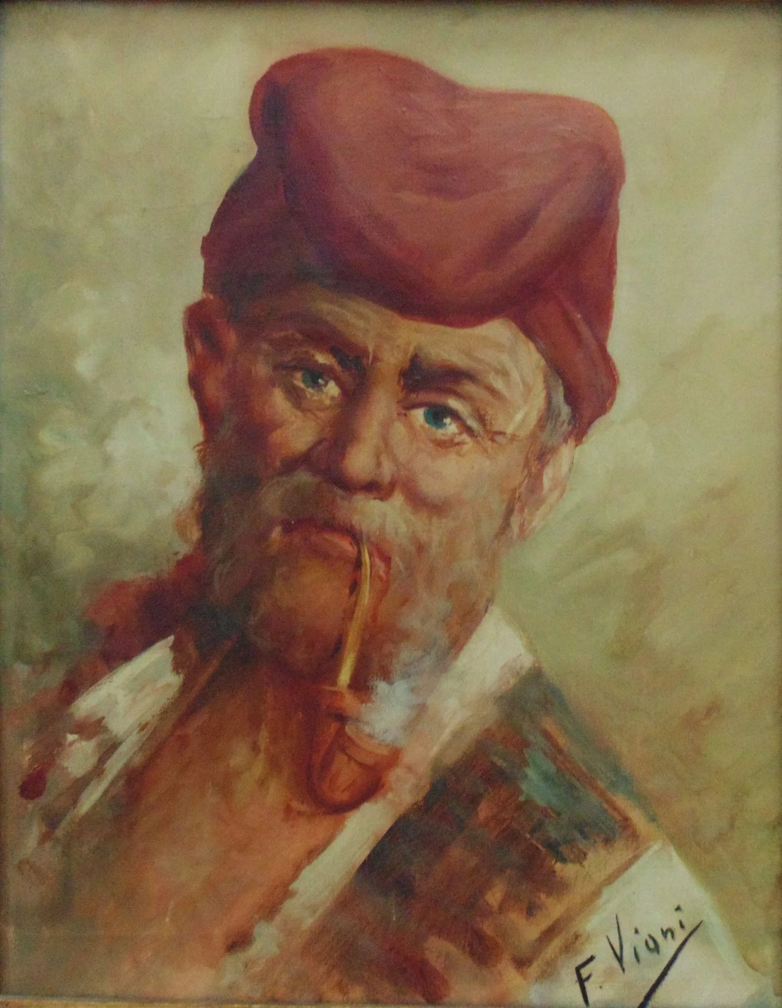 Vintage Italian Portrait Painting Man Gentleman Slouch Hat & Pipe ...