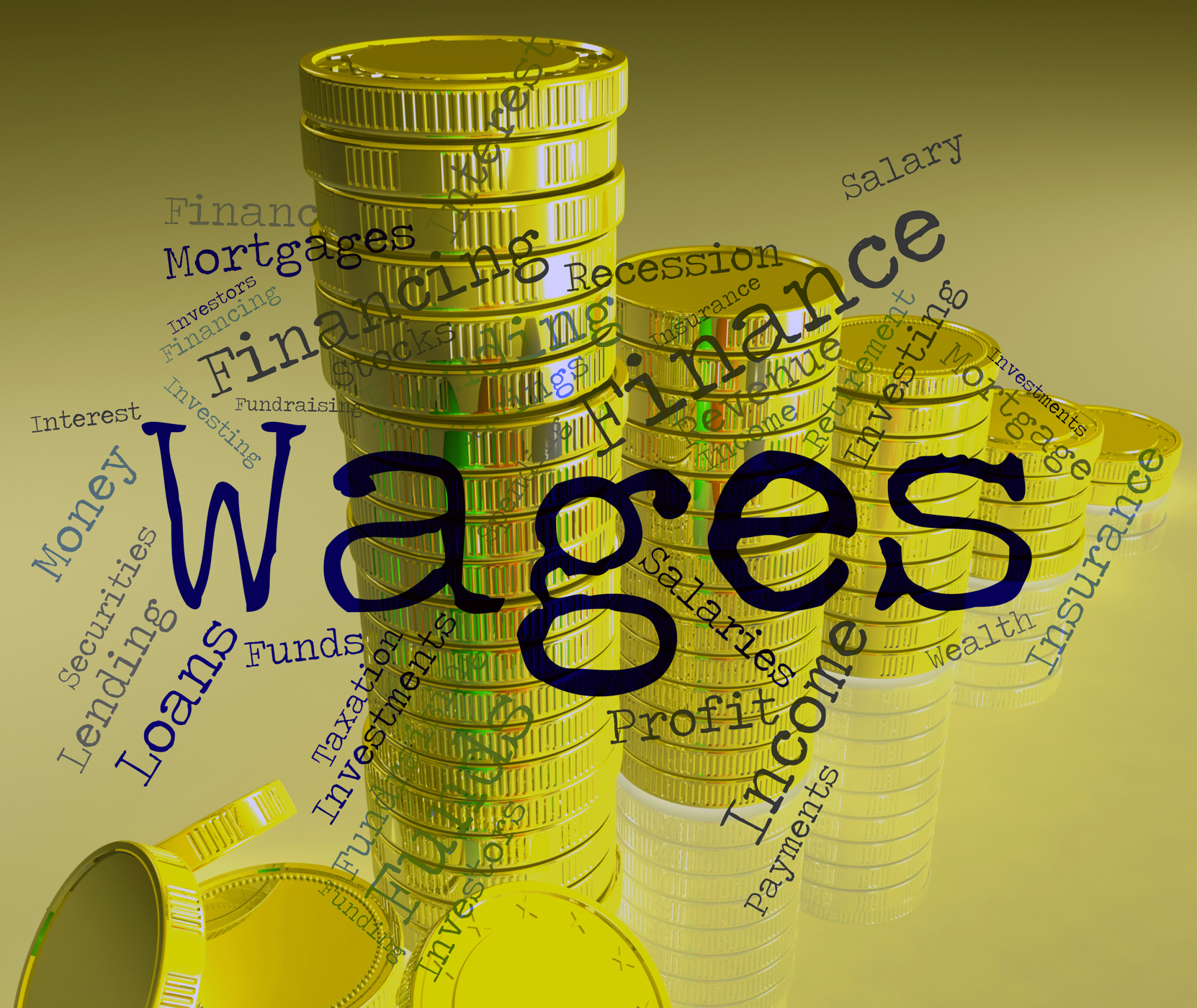 Wages word shows earn income and salary photo