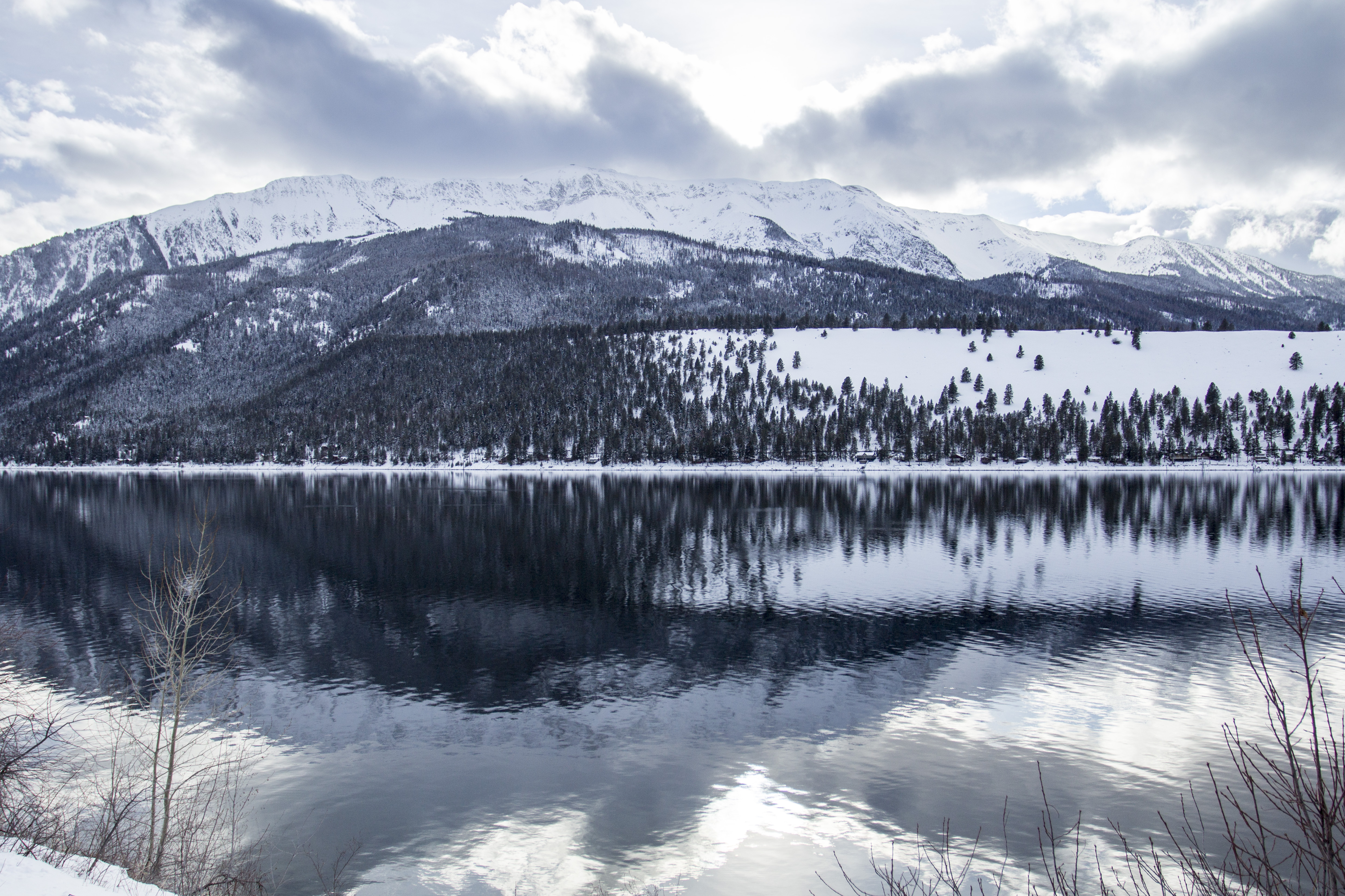 Wallowa lake reflection in winter, oregon . photo