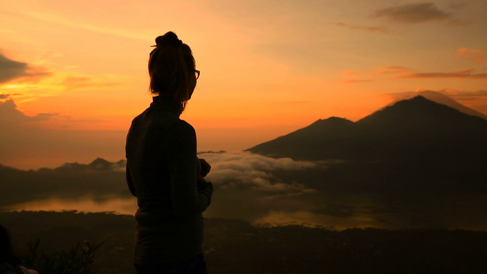 Girl Watching Sunrise Over Lake Batur Volcano Agung And Abang On The ...