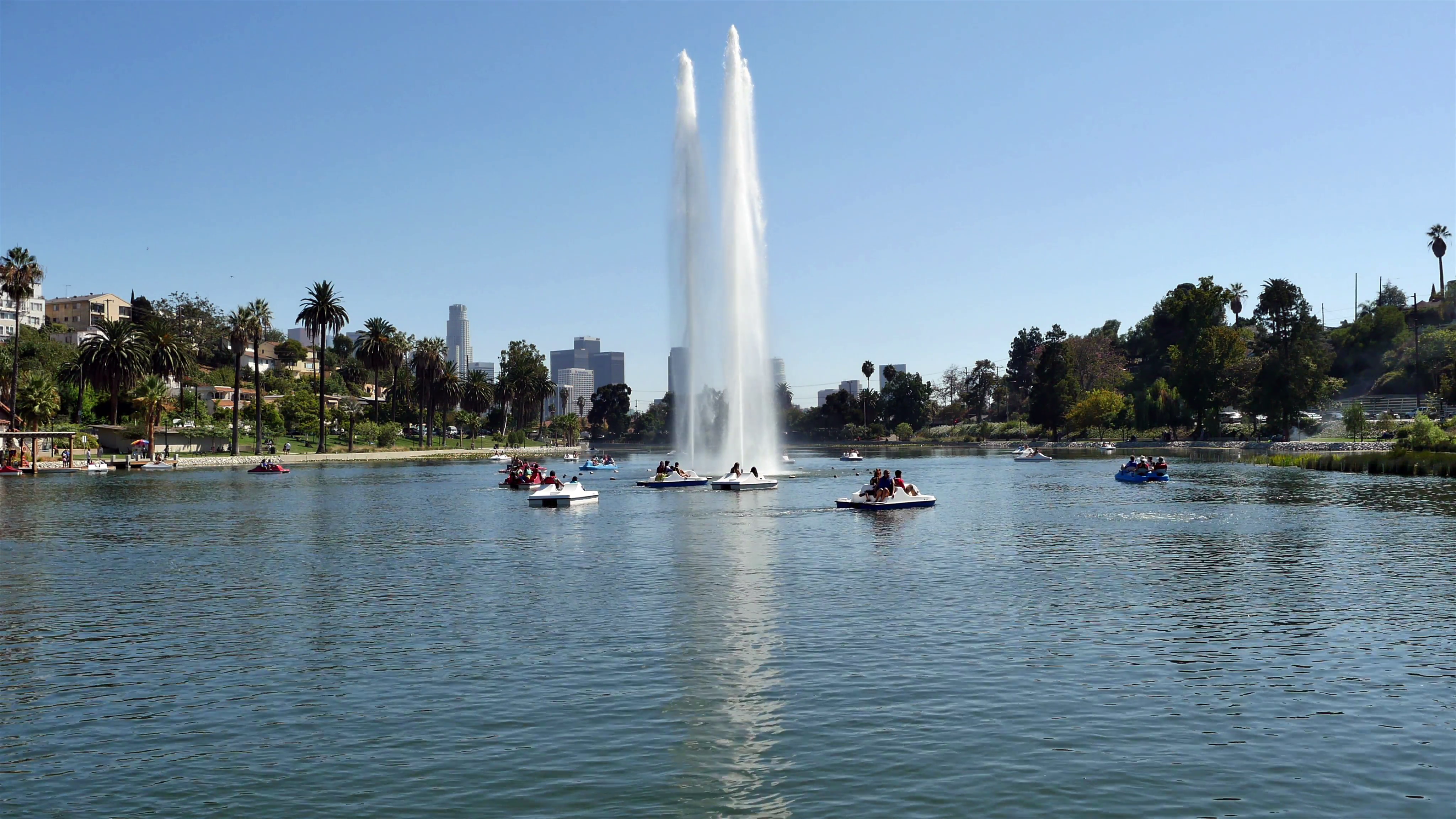 Water Fountain in Echo Park with Downtown Los Angeles California in ...