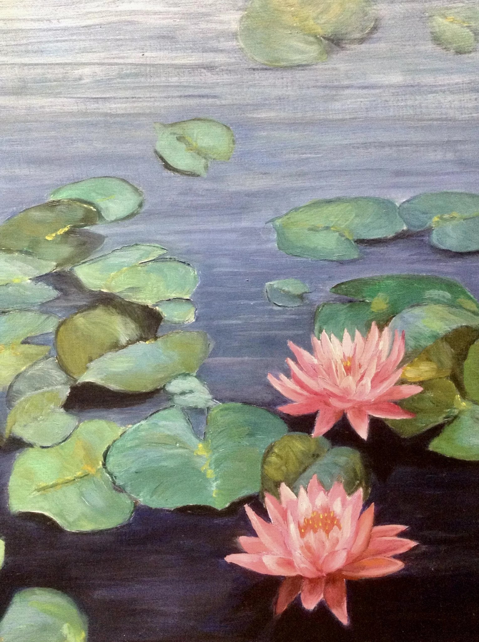 L Monello, Pink Water Lily Flowers in a Pond Oil Painting on Canvas ...