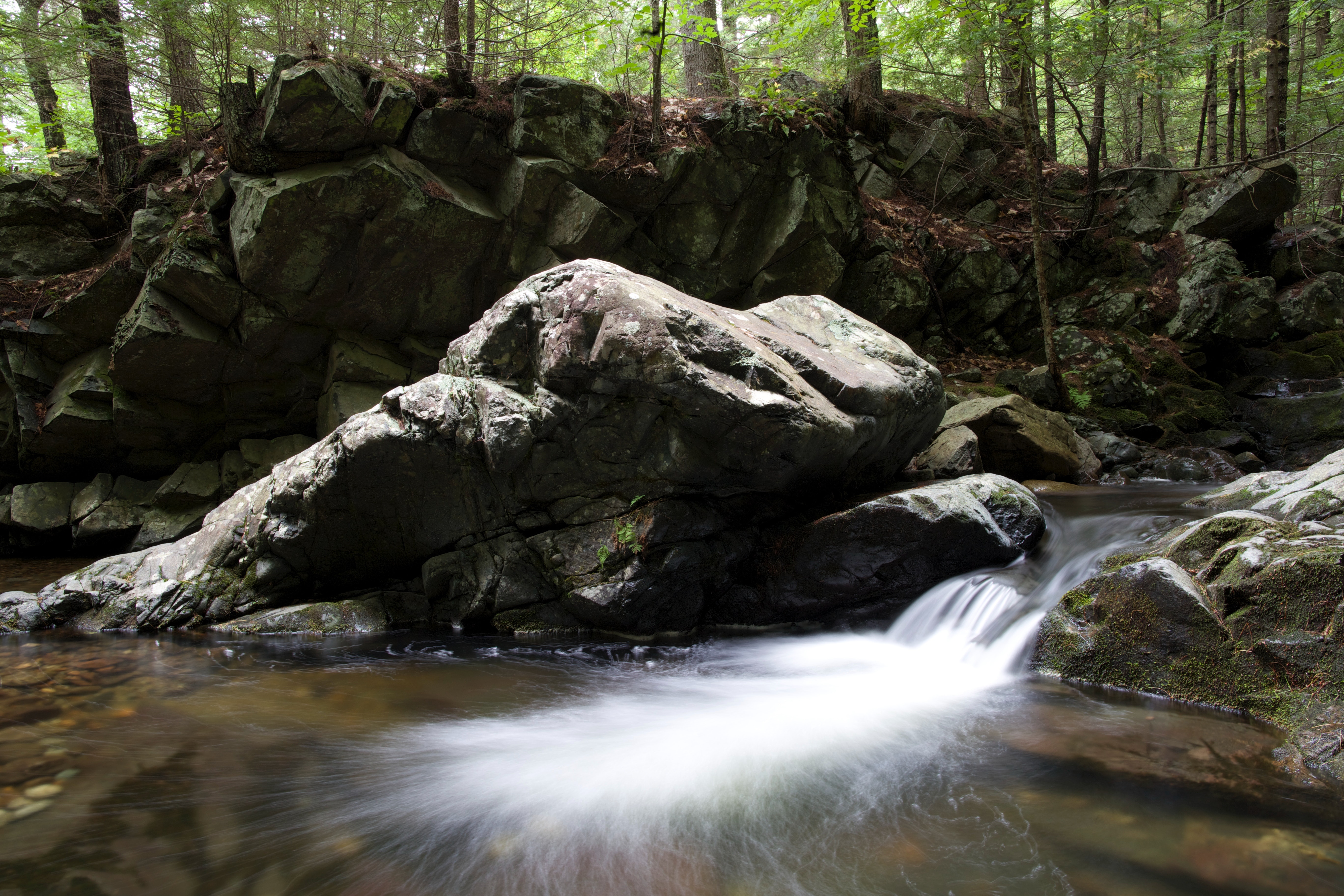 Water running through rocky terrain in the woods photo