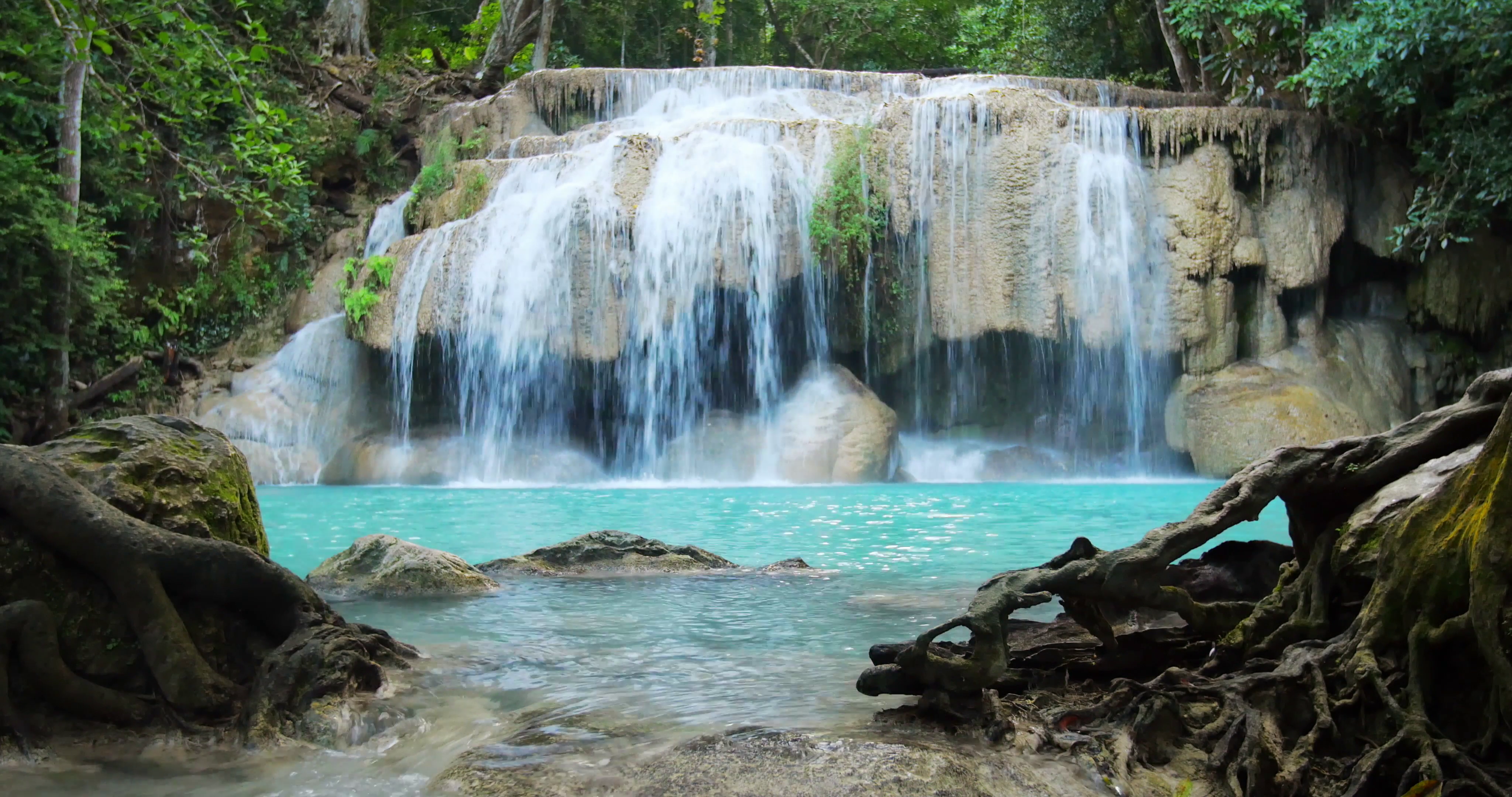 Erawan waterfall in Thailand. Idyllic tropical paradise nature ...
