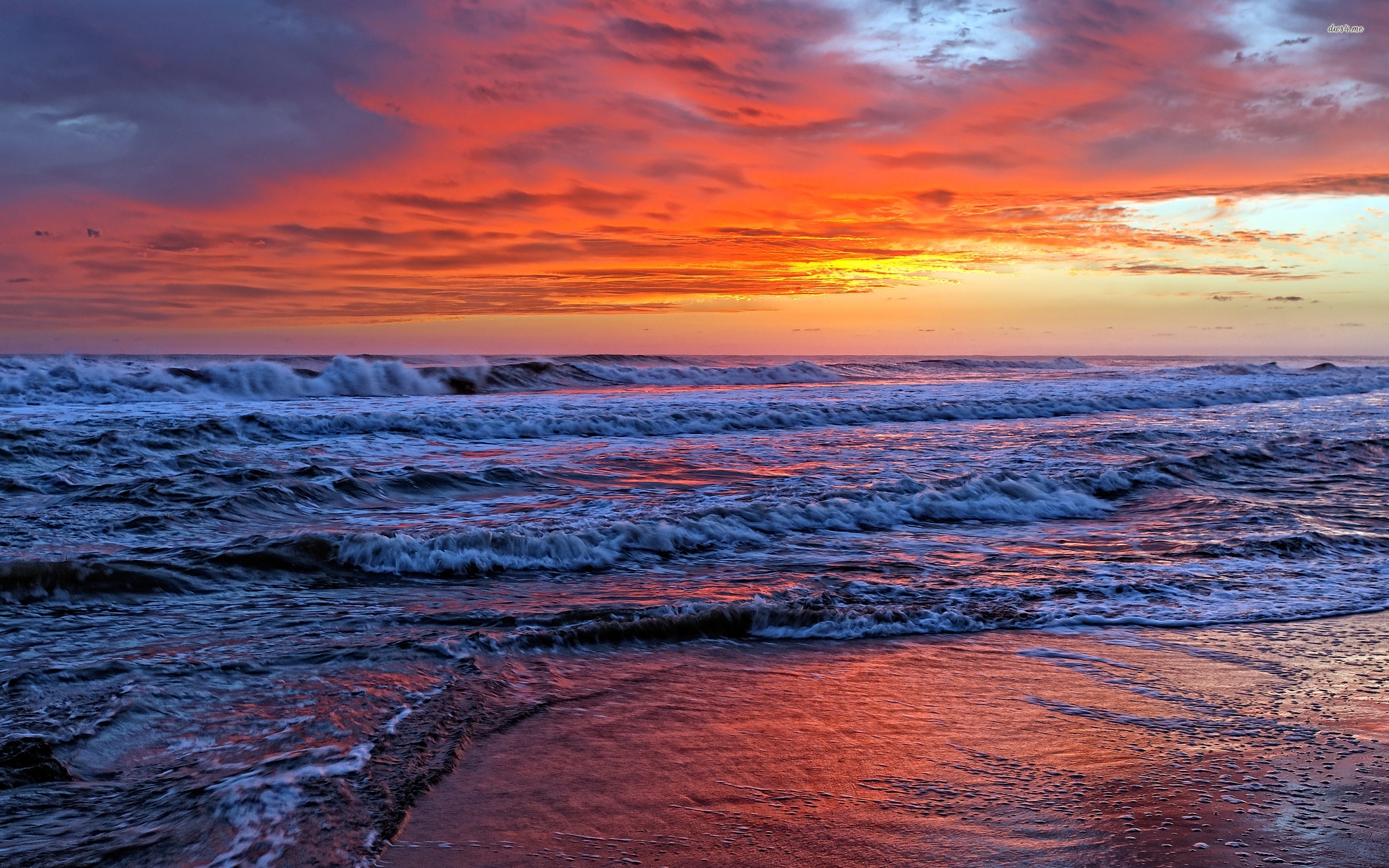 Red sunset sky above the wavy ocean wallpaper - Beach wallpapers ...