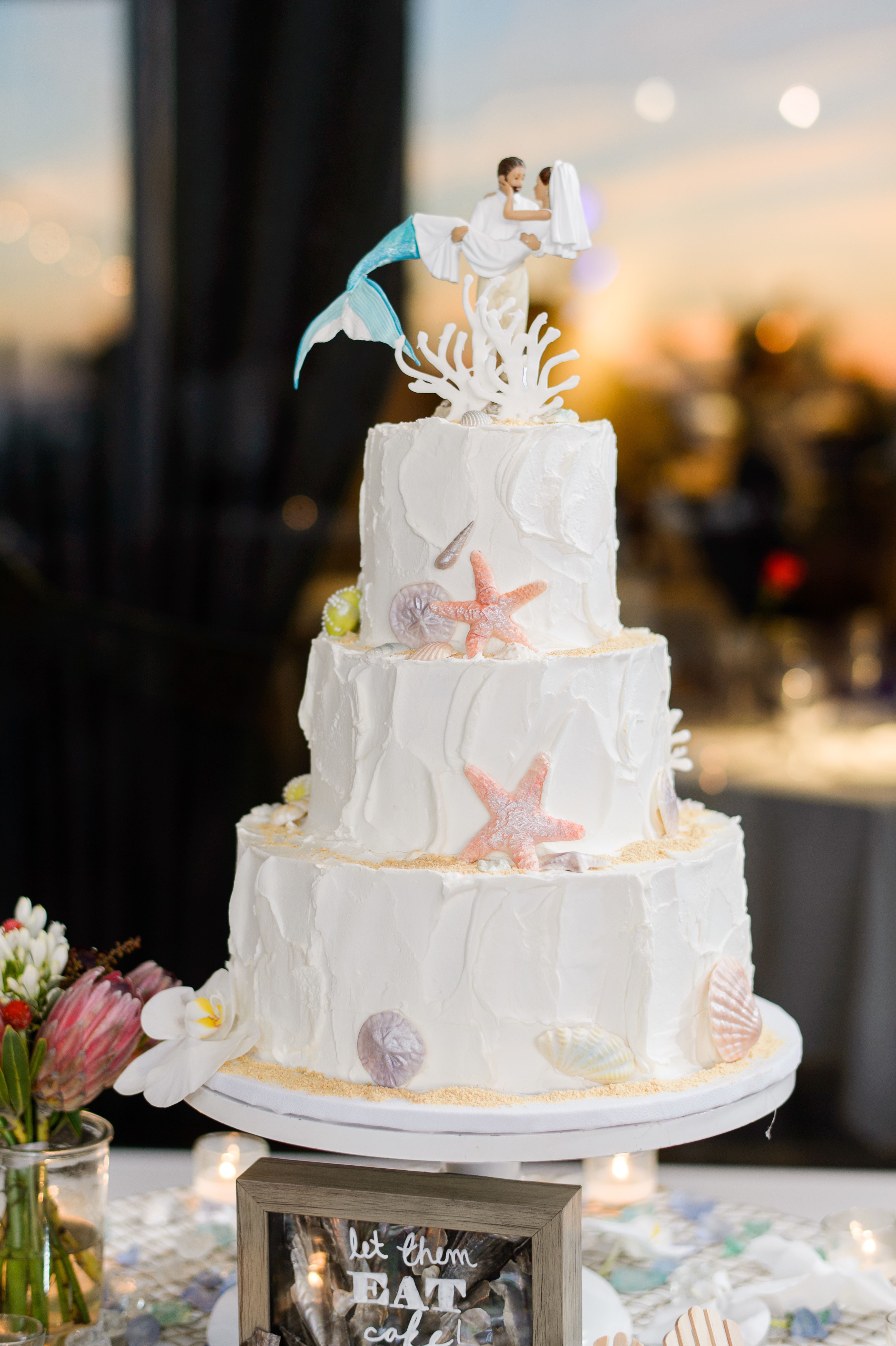Beach-Themed Wedding Cake With Mermaid Cake Topper