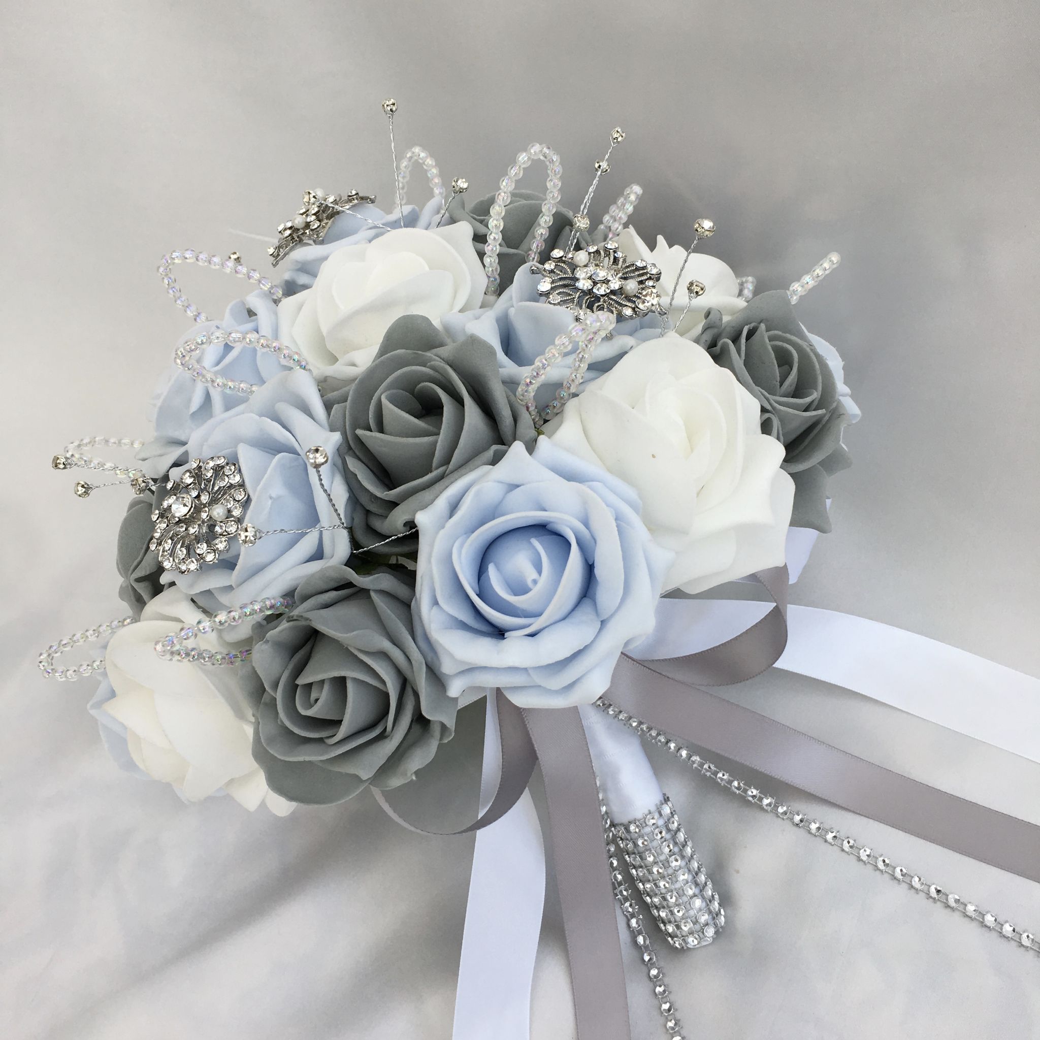 BRIDES POSY BOUQUET BABY BLUE WHITE & GREY ROSES ARTIFICIAL WEDDING ...