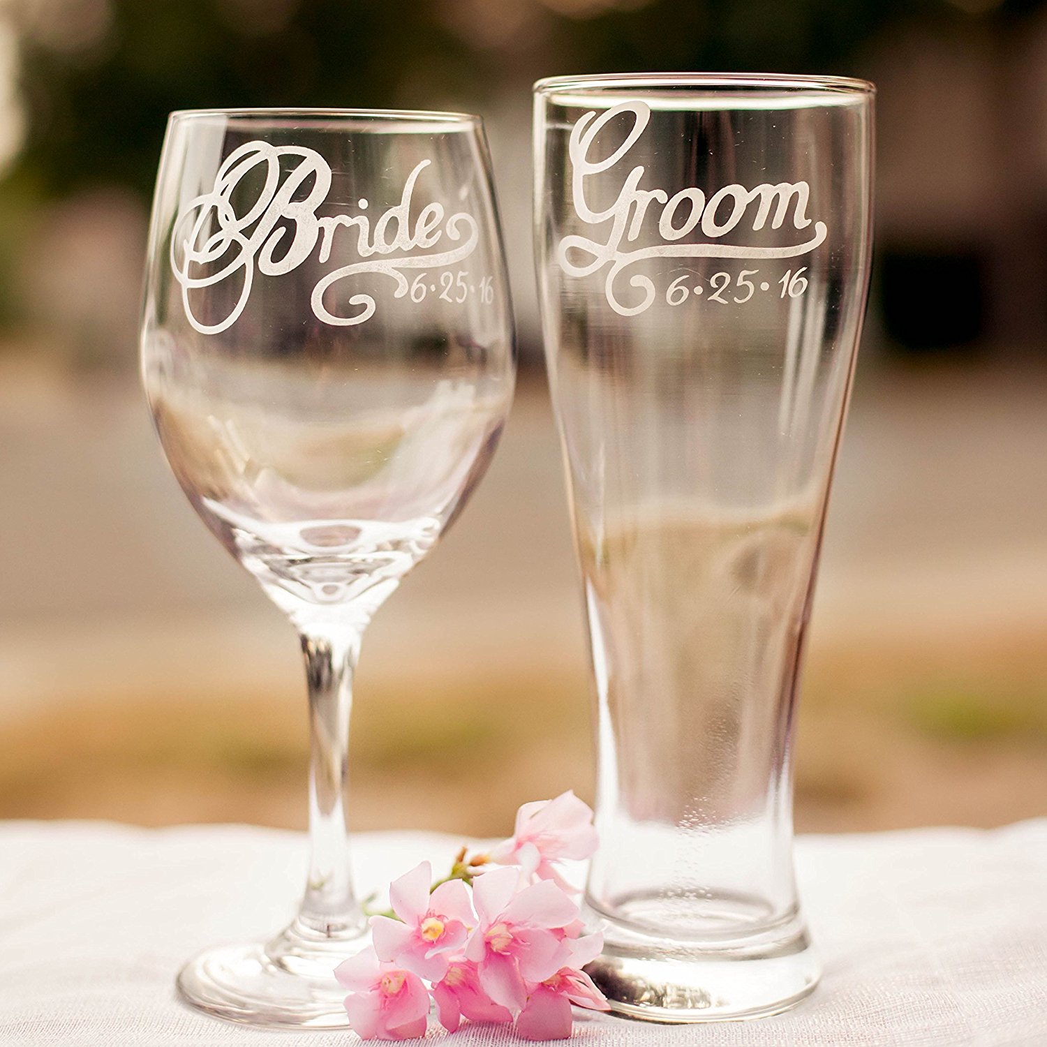 Amazon.com: Bride Wine Glass and Groom Beer Glass with Wedding Date ...