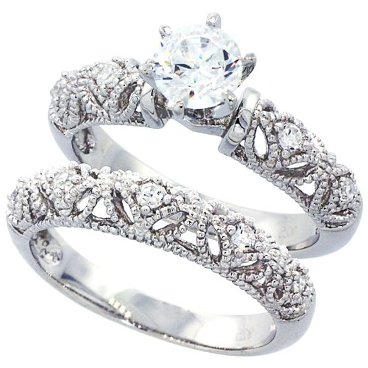 Amazon.com: Sterling Silver Wedding Ring Set, Round CZ Engagement ...