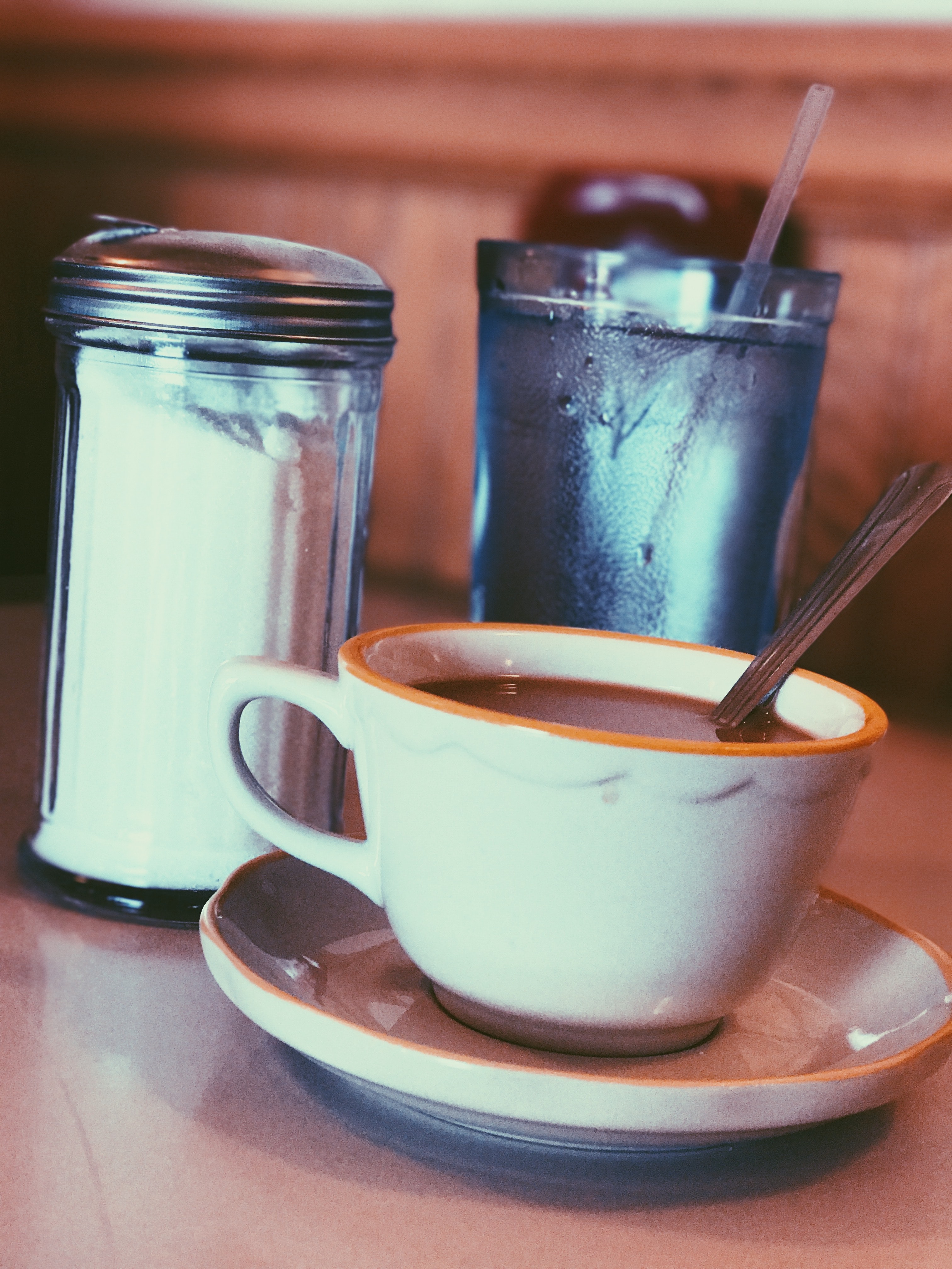 White Ceramic Mug Fill With Coffee Beside Condiment Shaker, Beverage, Hot, Jar, Milk, HQ Photo