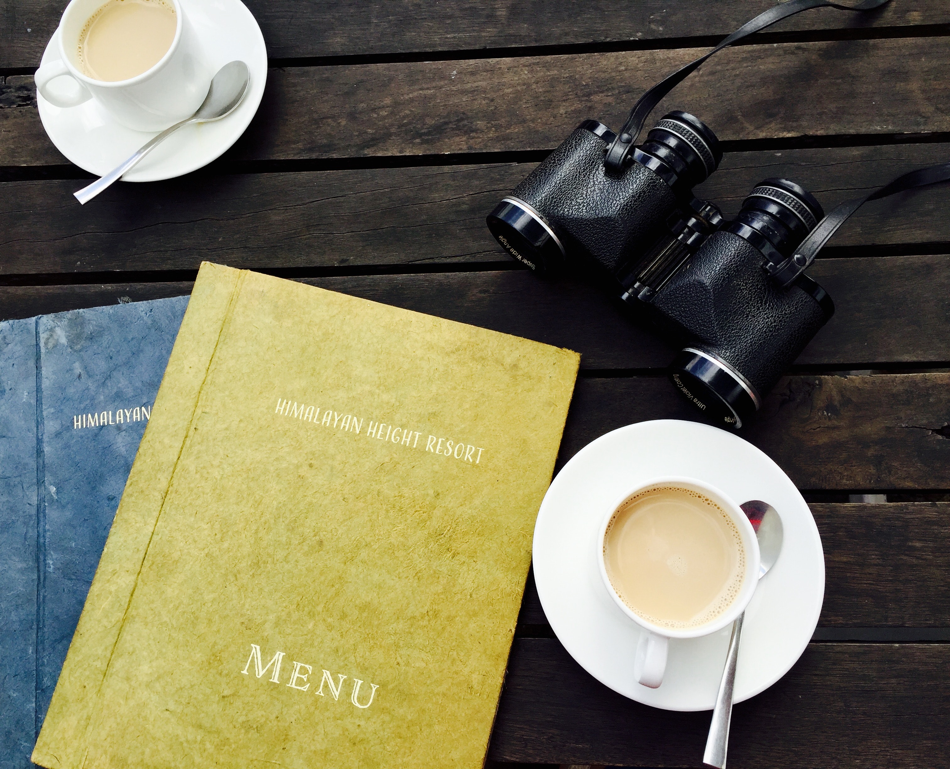 White Ceramic Tea Cup on White Saucer Near Menu Book, Binoculars, Breakfast, Caffeine, Cappuccino, HQ Photo