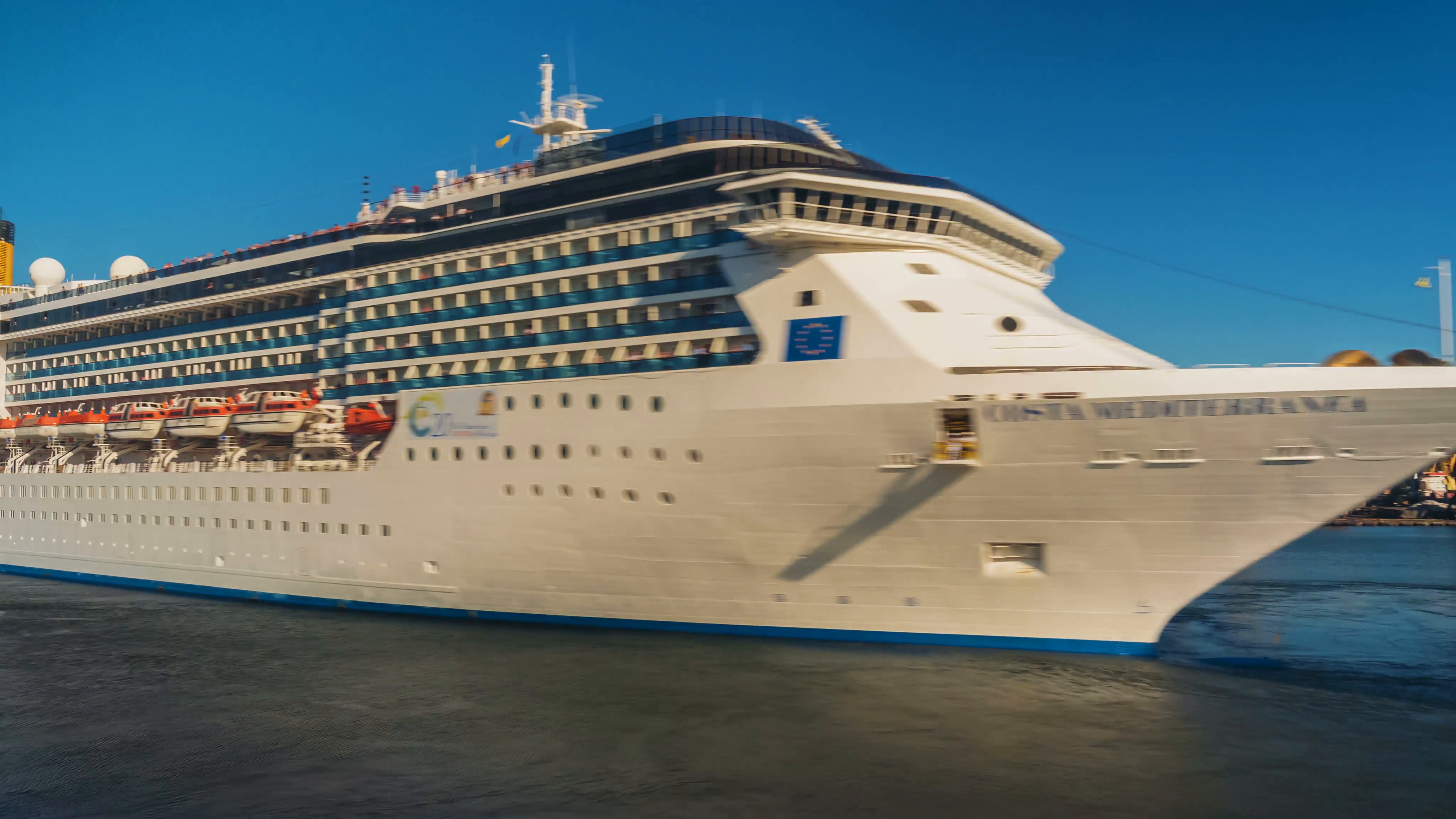 4K. Panning timelapse of white luxury cruise liner Costa ...