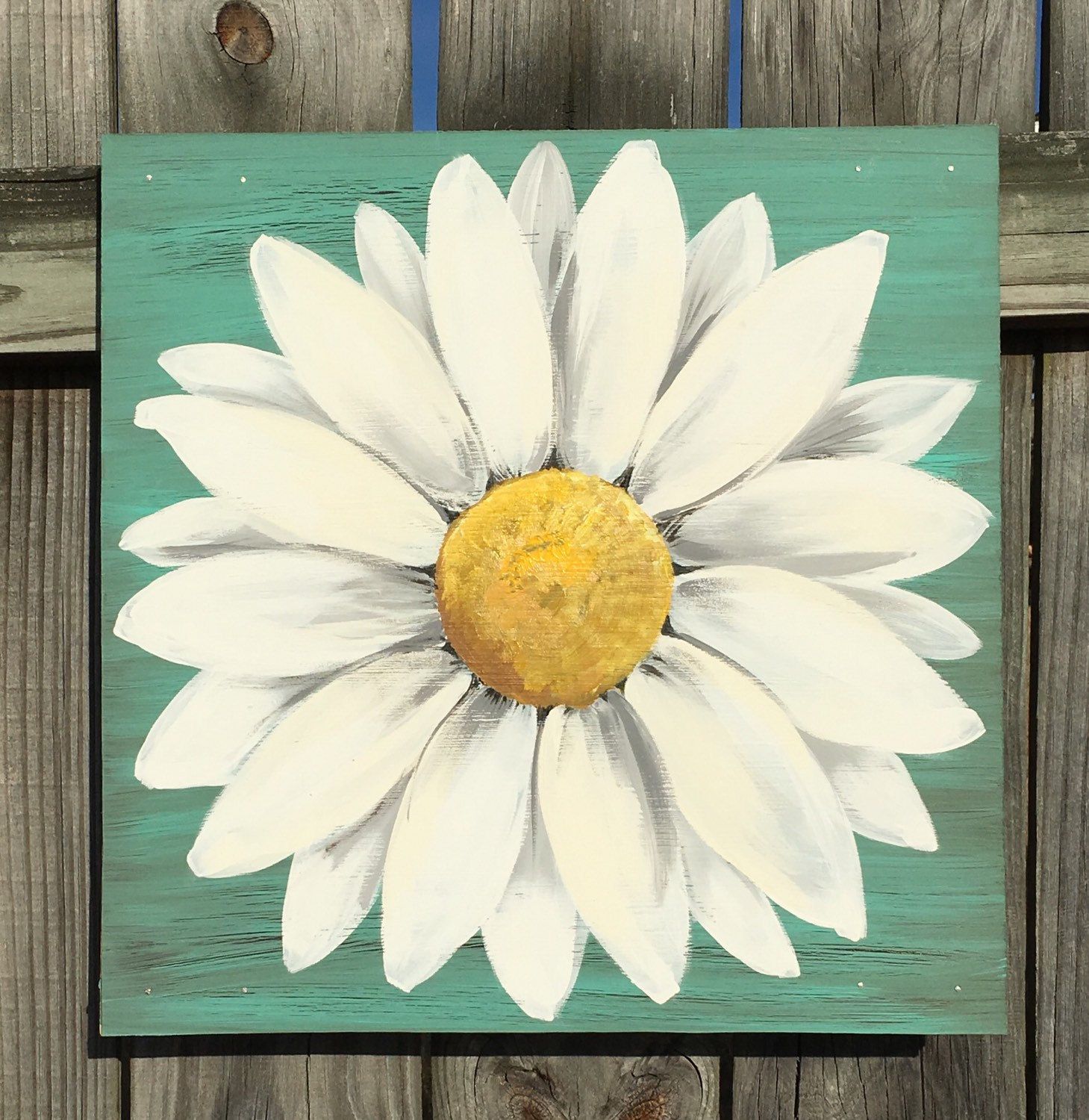 Daisy Painting on a Wood Panel Original Flower Art Turquoise Blue ...