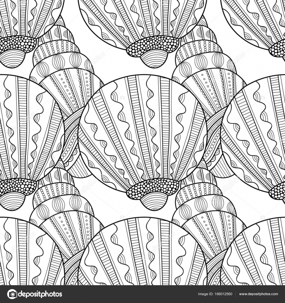 Black white seamless pattern with decorative sea shells for coloring ...