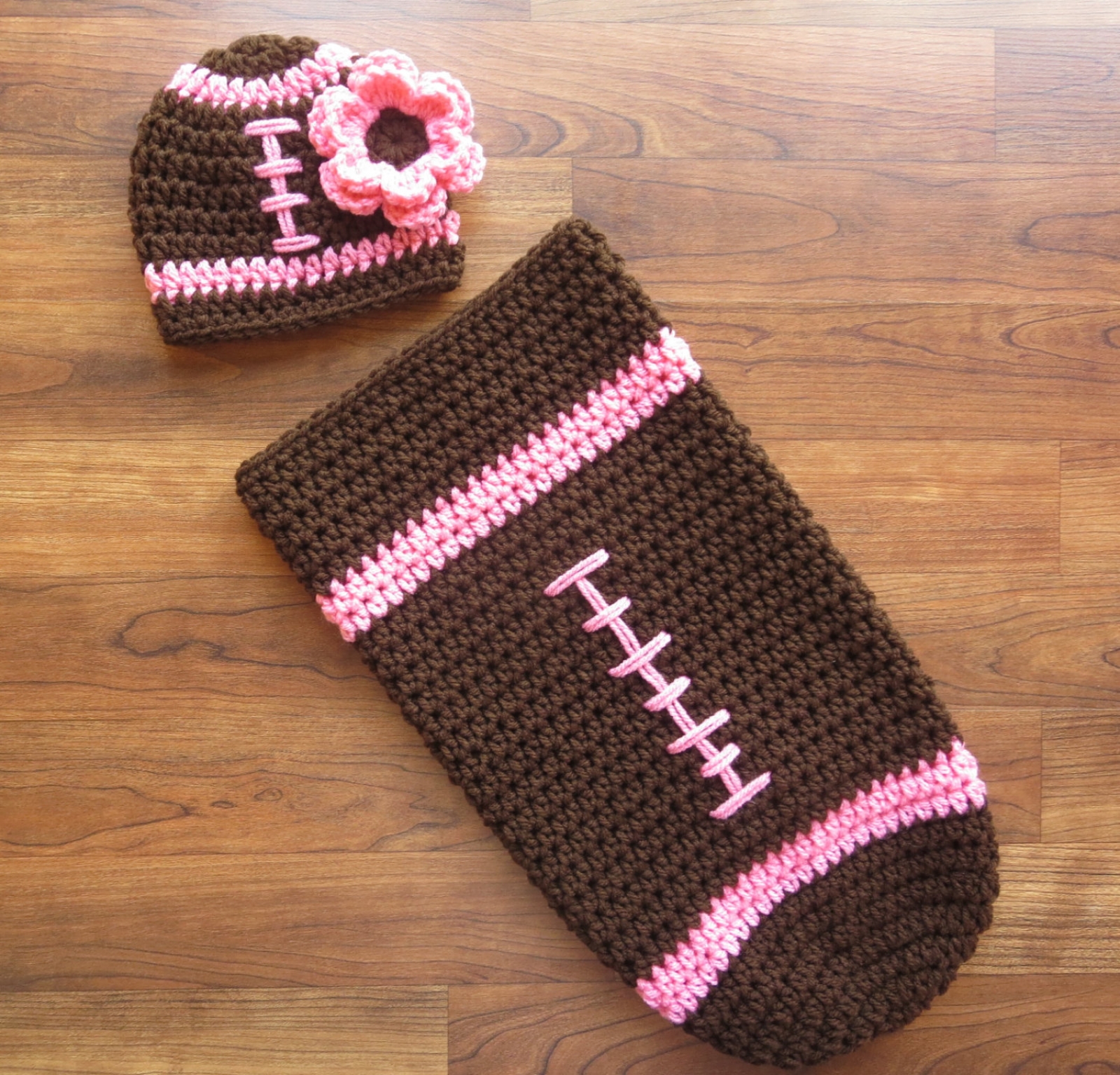 Crocheted Baby Girl Football Cocoon & Hat with Flower - Chocolate ...