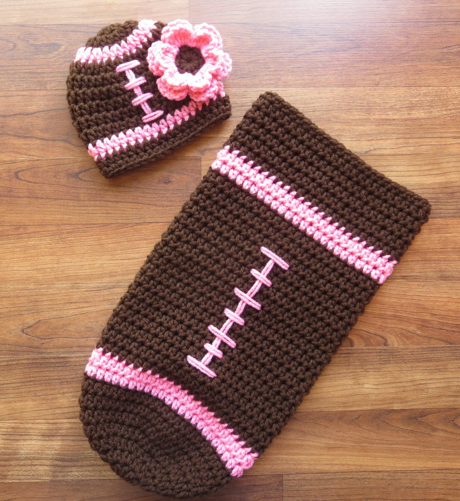 Crocheted Baby Girl Football Cocoon & Hat with Flower - Chocolate ...