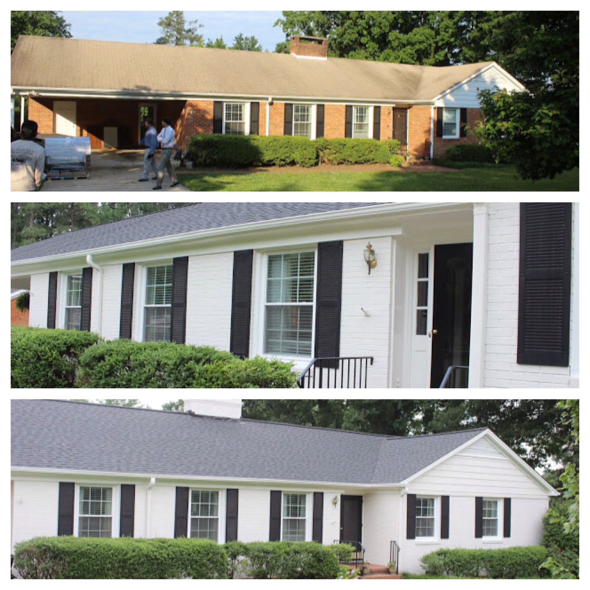 Curb appeal before and after. Paint brick house white. Adds interest ...
