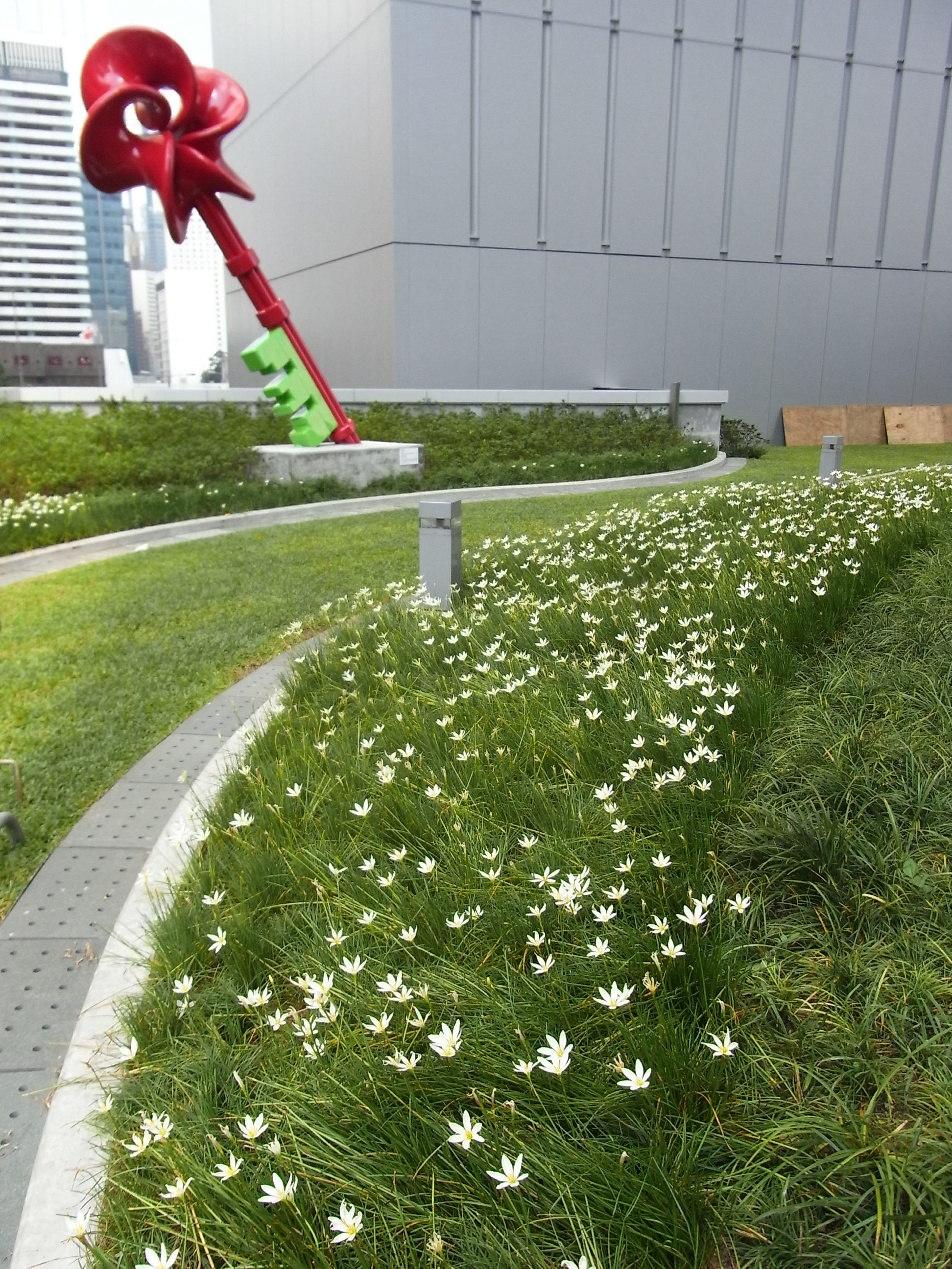 File:HK Admiralty Tamar Park red sculpture Key in art white flowers ...