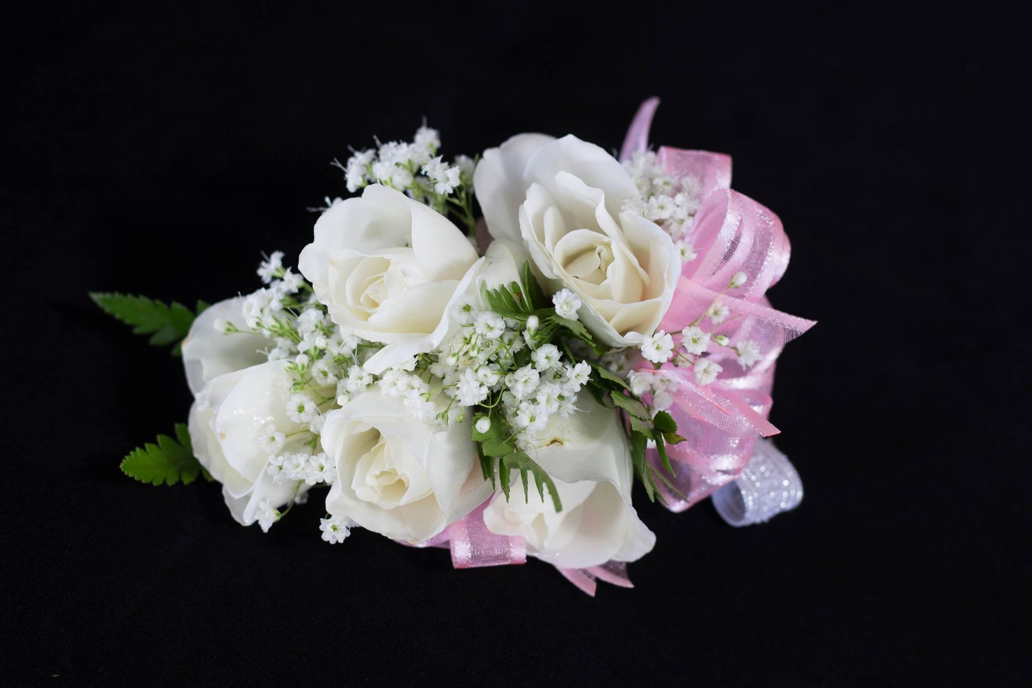 White rose and Pink ribbon corsage in San Jose, CA | Bee's Flowers