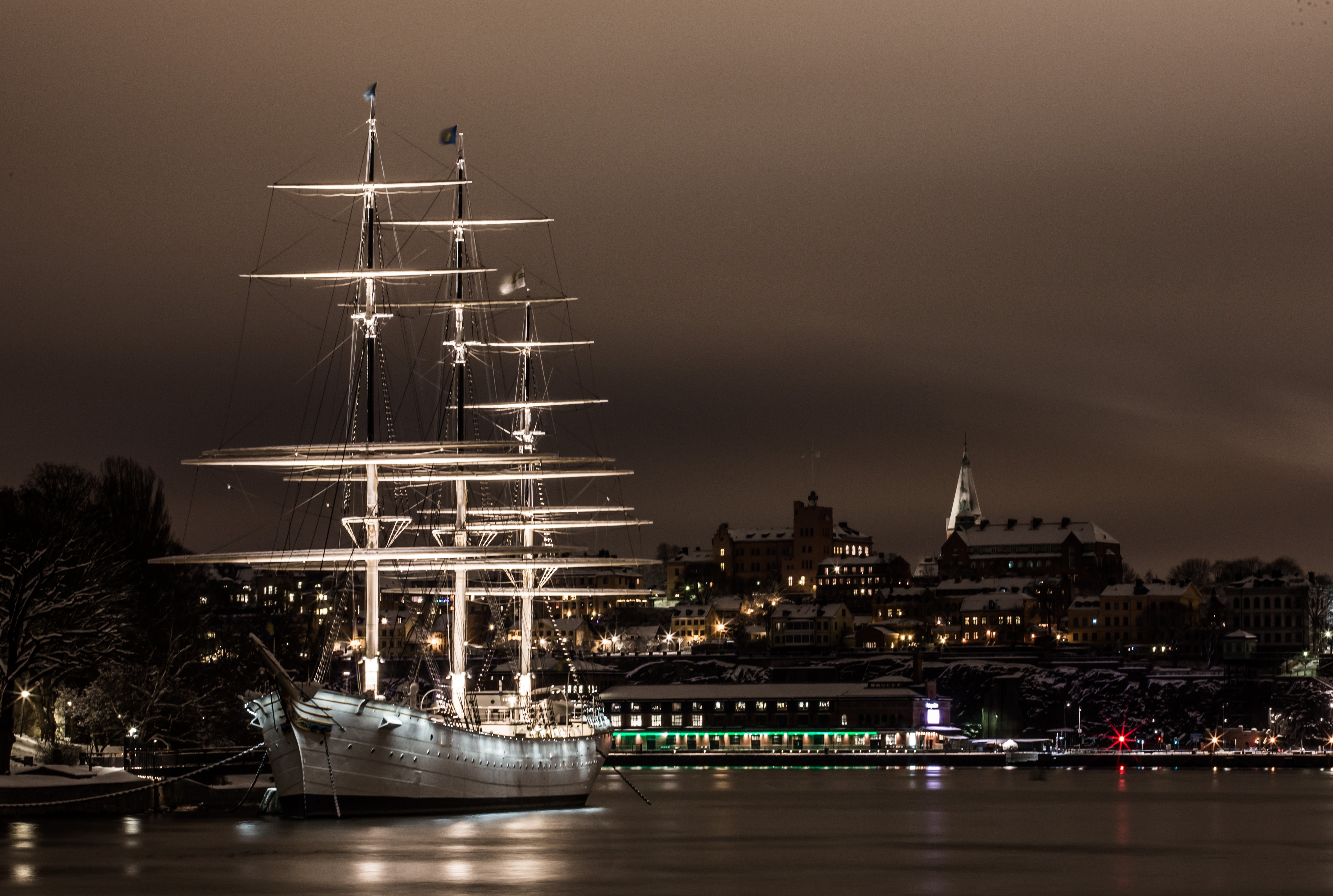 White Ship on Port at Night, City, Dock, Dusk, Evening, HQ Photo