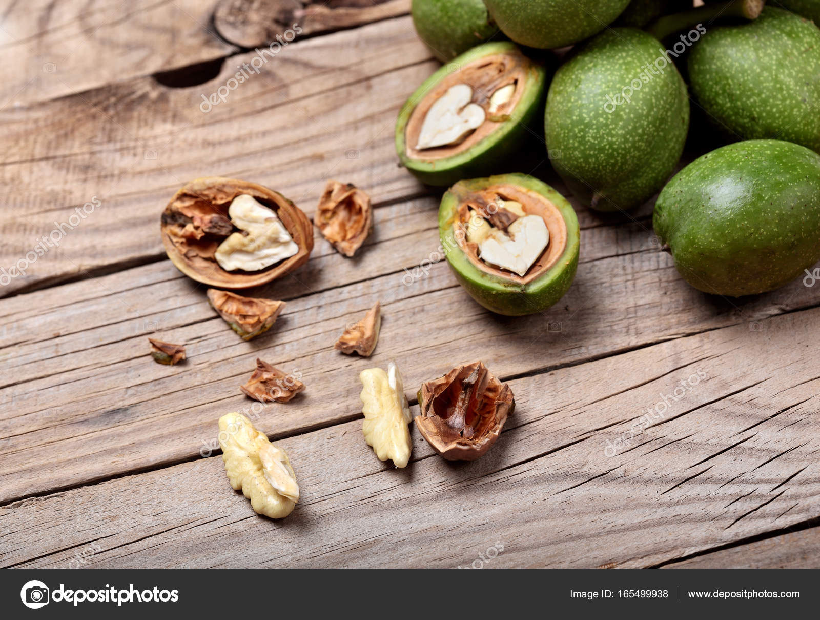 Walnuts.Ripe walnuts on wooden rustic closeup table .Background ...