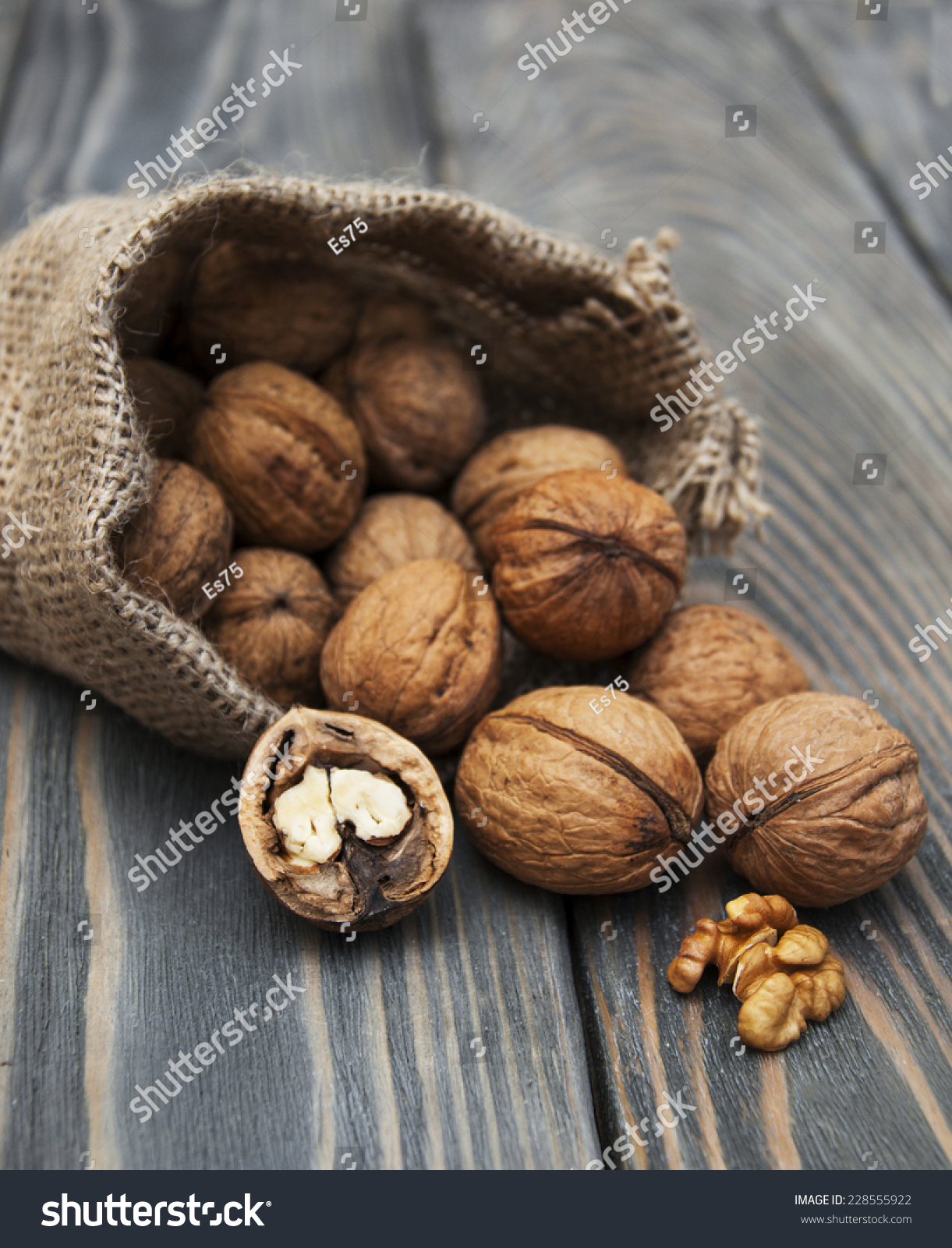 Walnuts Burlap Bag On Old Wood Stock Photo 228555922 - Shutterstock