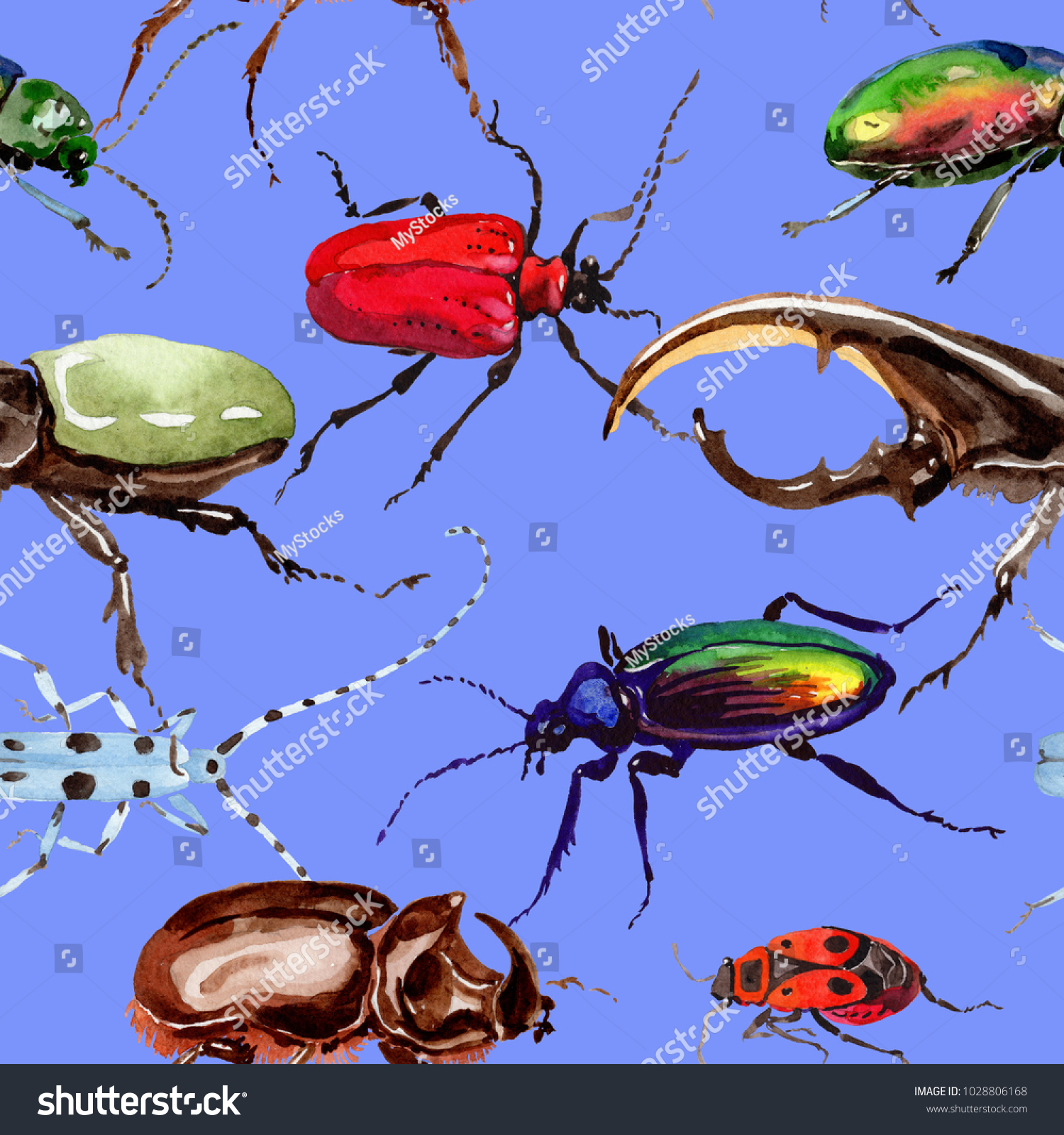 Exotic Beetles Wild Insect Pattern Watercolor Stock Illustration ...