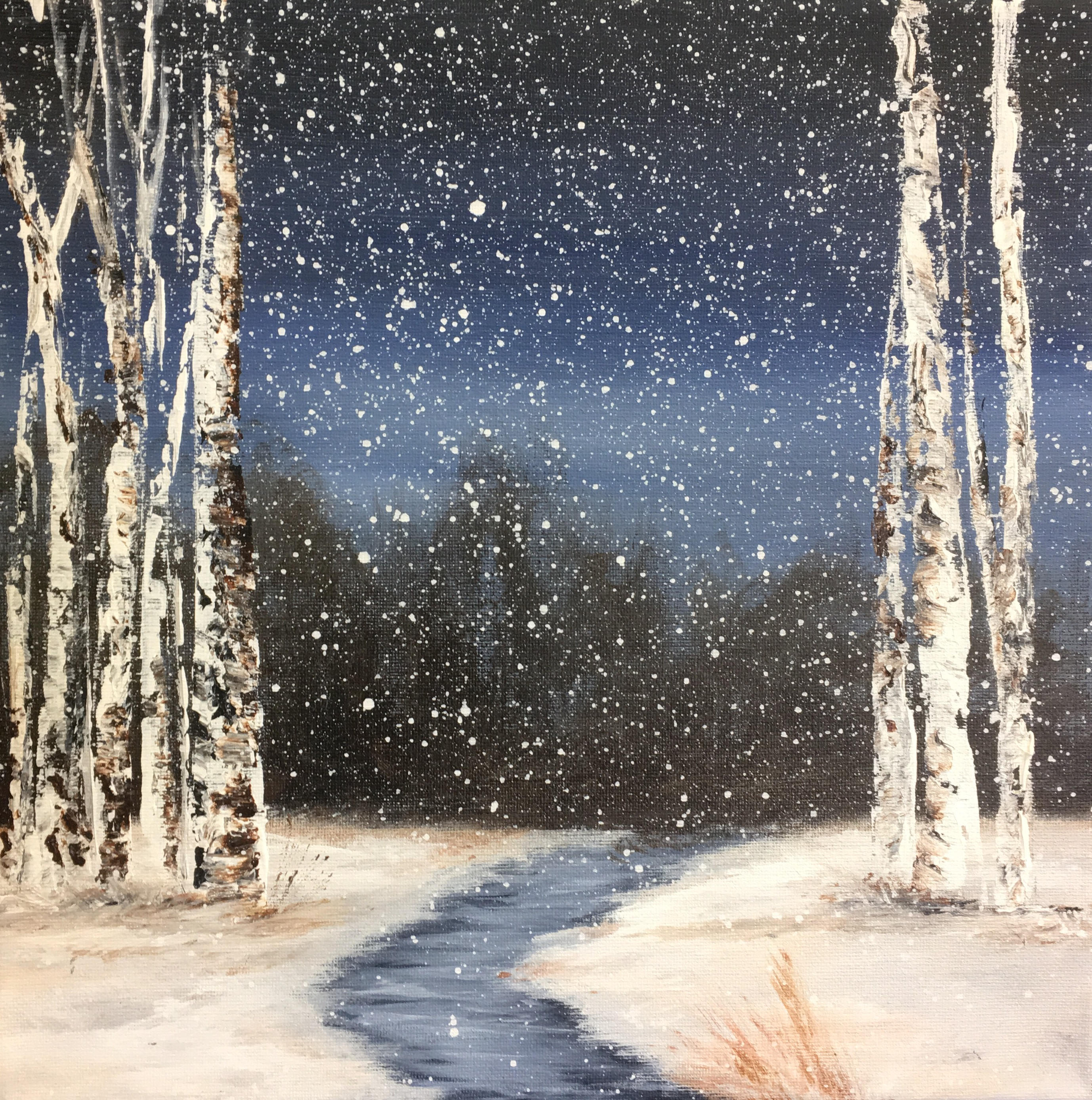 Winter Birch trees and snow acrylic painting Country life