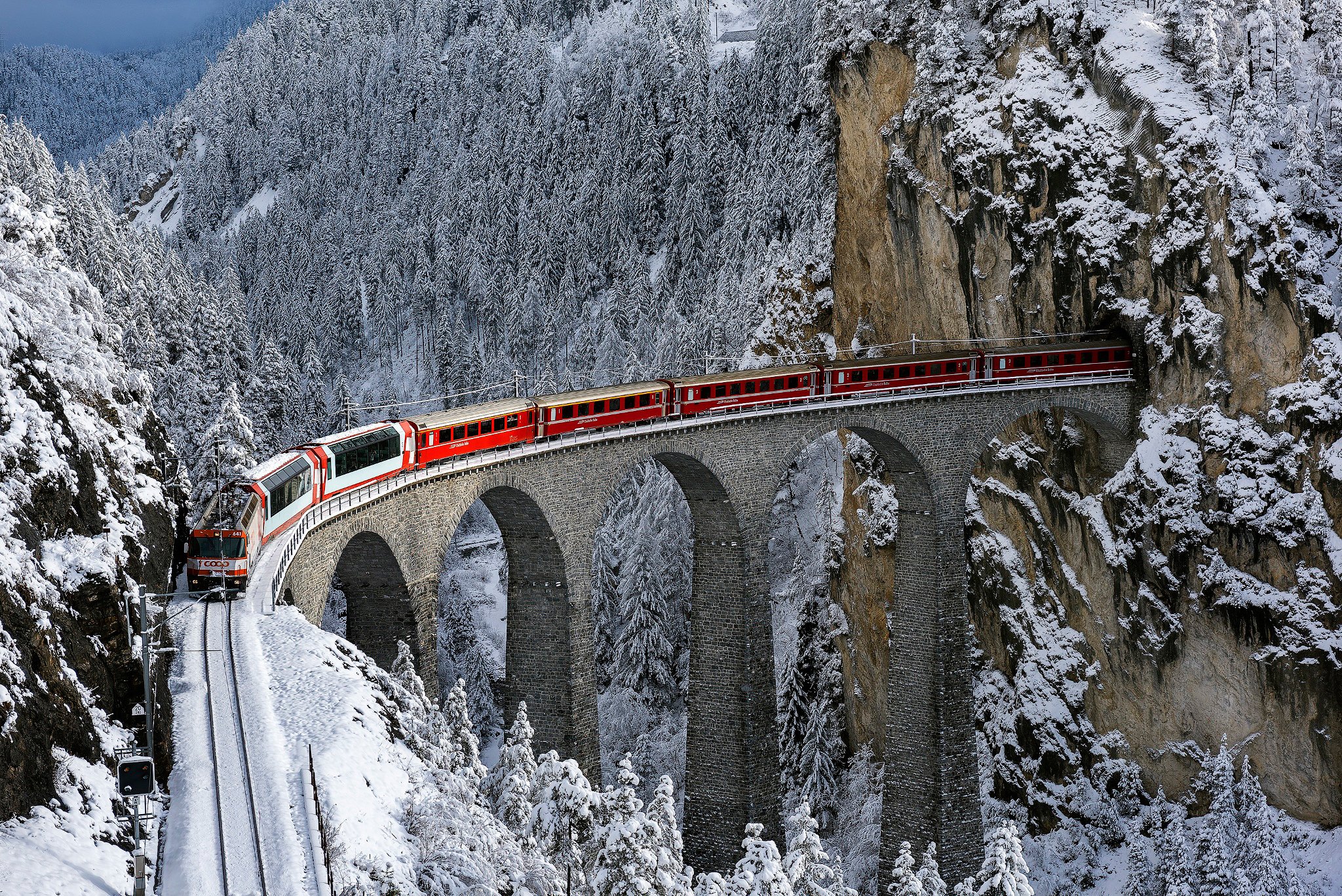 Train railway bridge winter snow rocks trees forest nature landscape ...