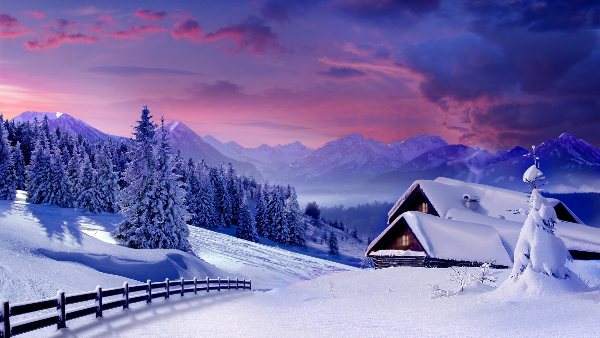 Winter: Clouds Cottages Pink Mountain Landscape Cabins Nature Sunset ...