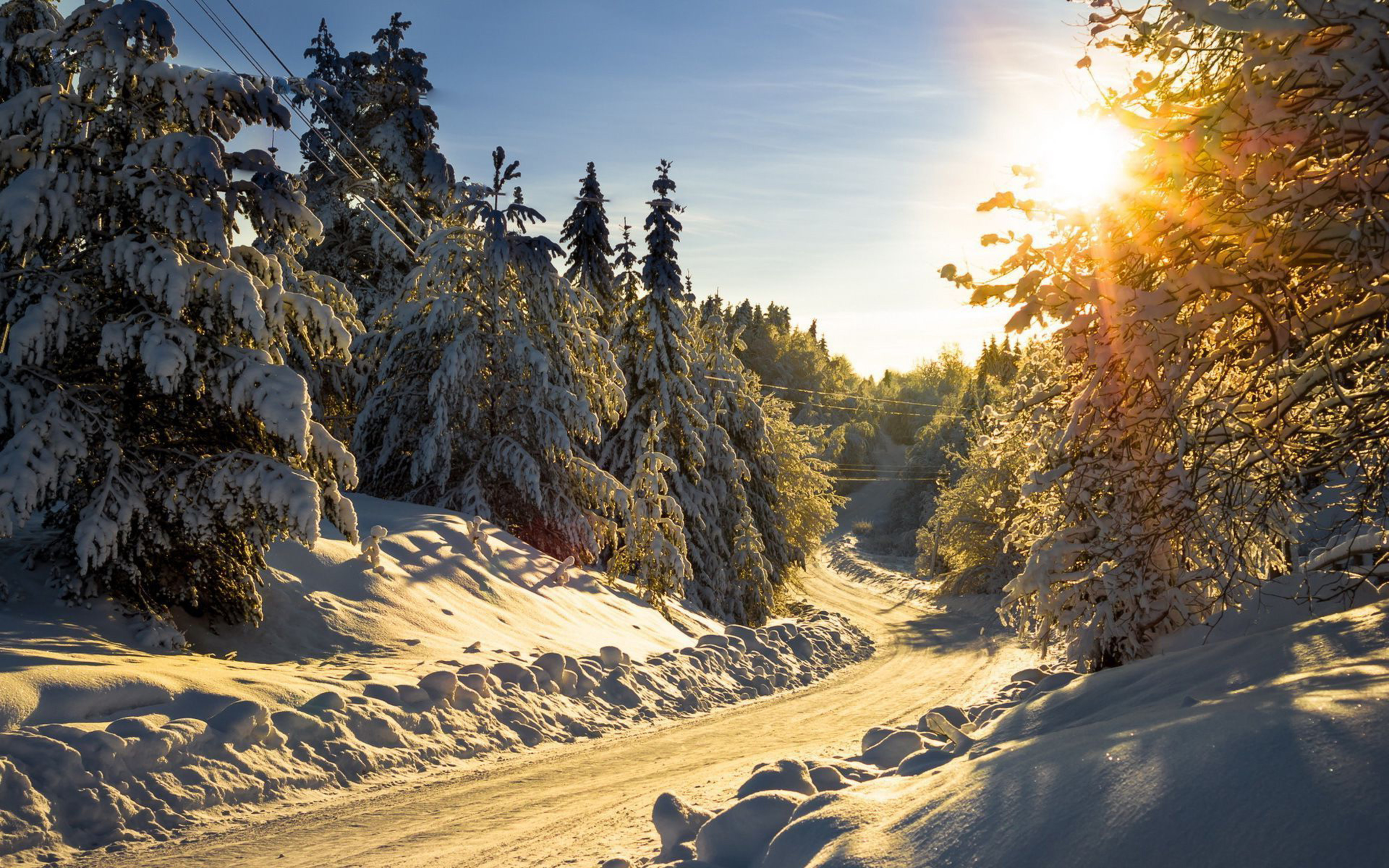 Wallpaper Download 5120x3200 Mountain road full with snow - sunny ...