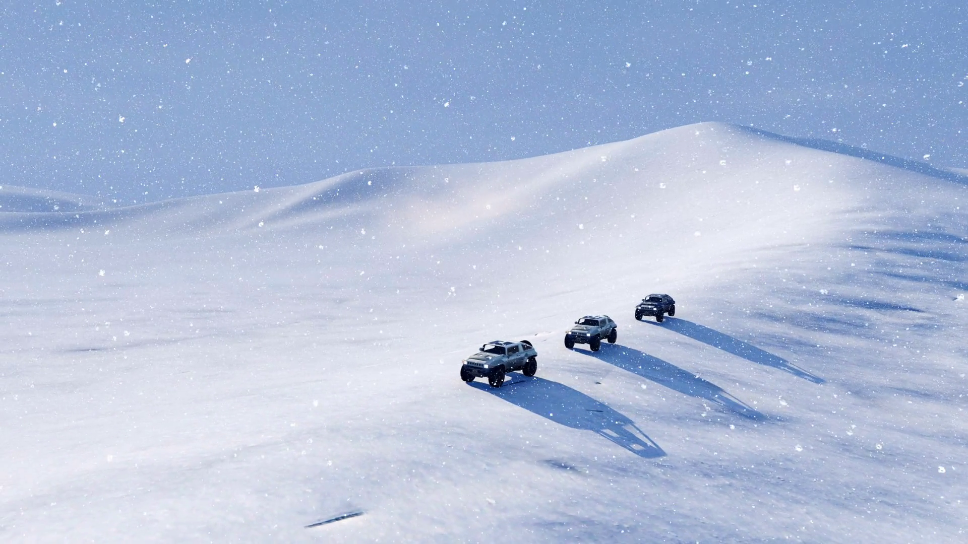 Group of 4x4 offroad vehicles SUV driving on a snow slope among ...