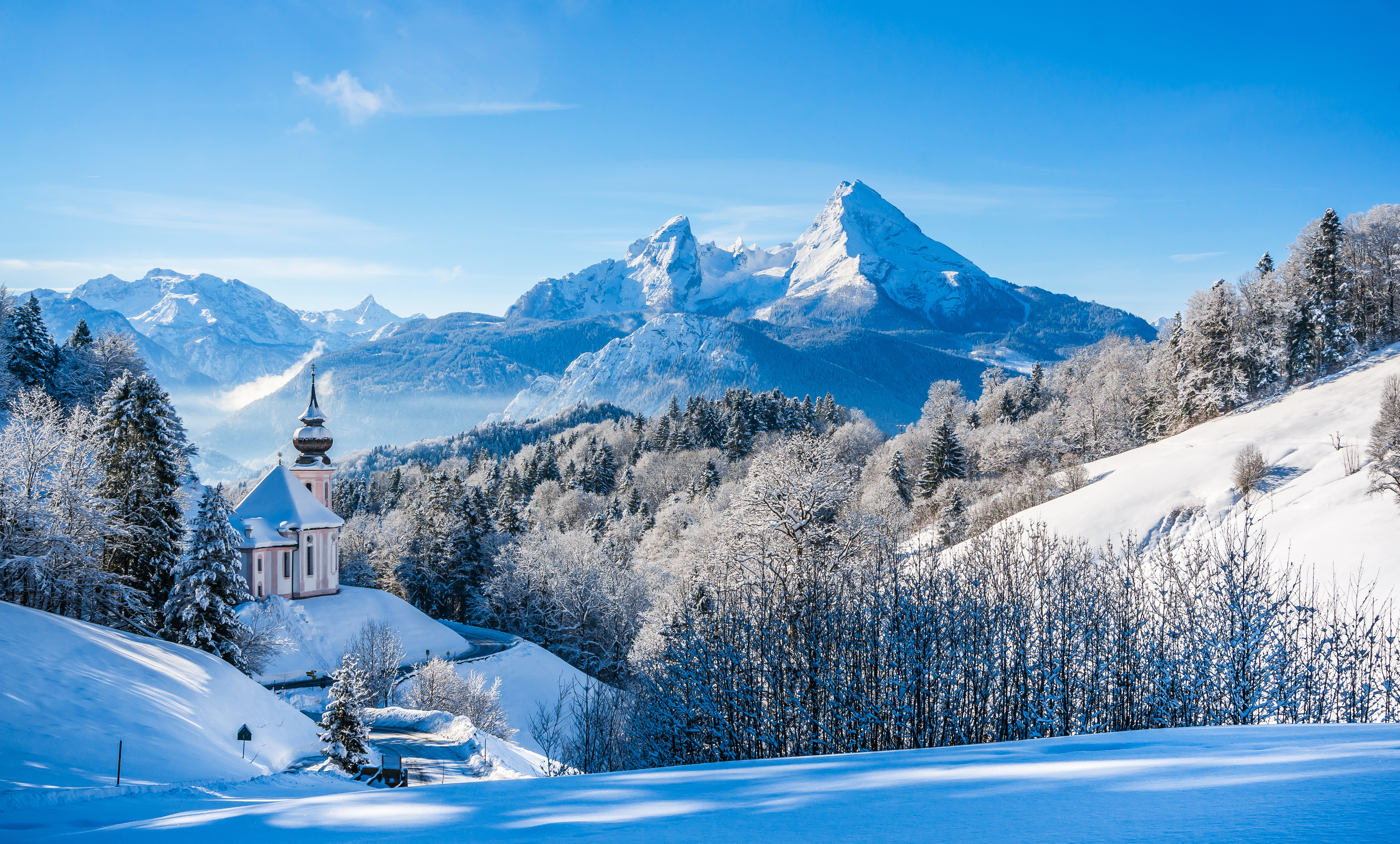 Wallpaper Bavarian Alps, Winter landscape, Church, Germany, HD, 8K ...