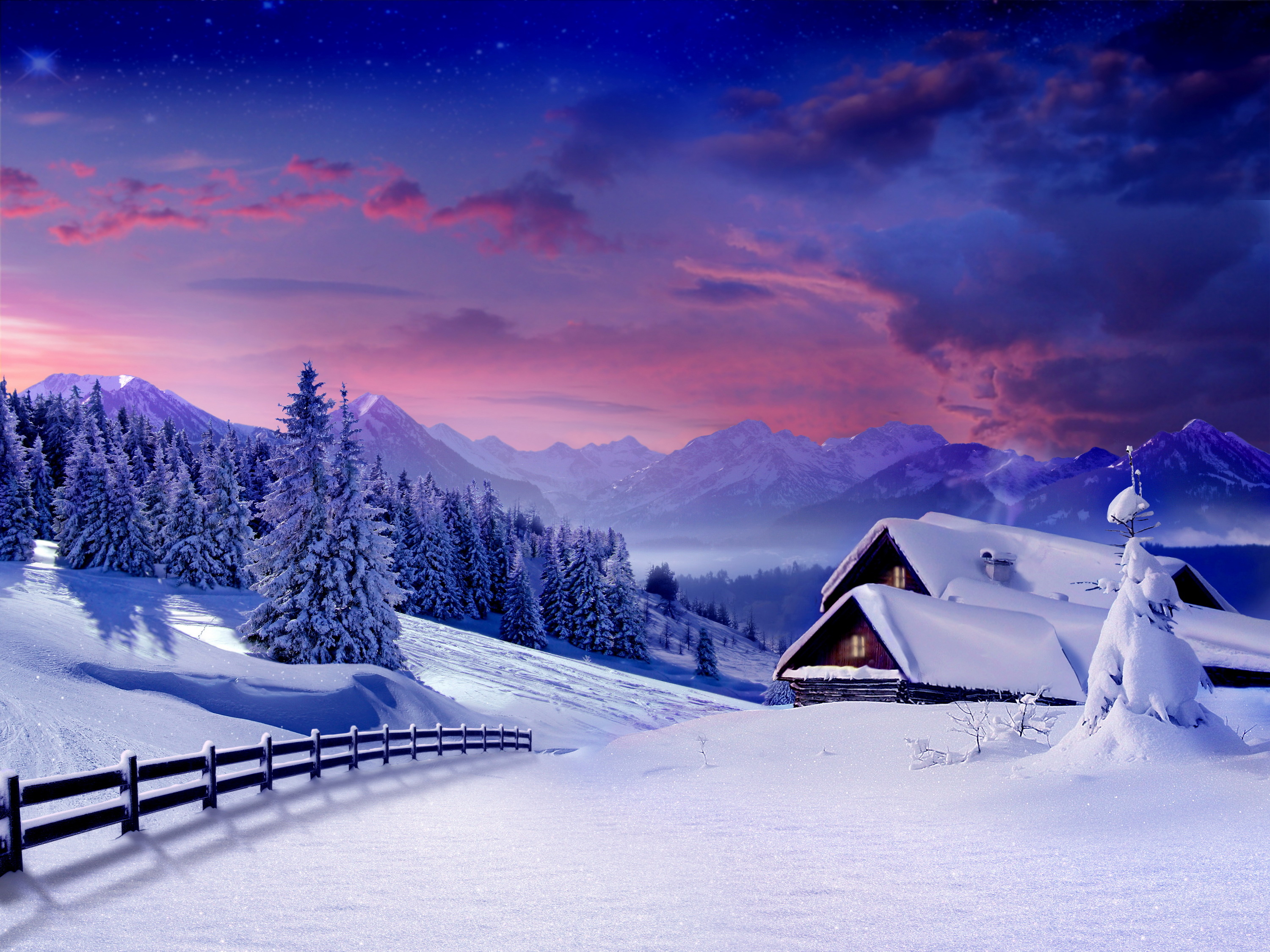 Wallpaper winter, landscape, snow, winter, tree, hut desktop ...