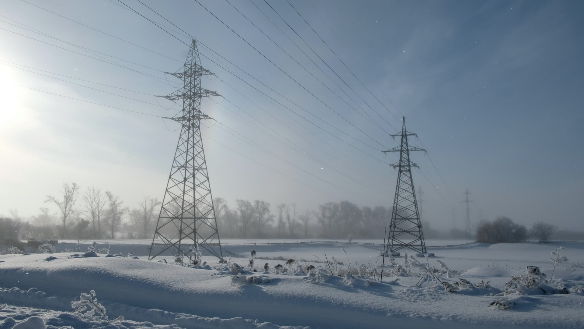 Big Electric Lines in Russian Village in Winter, Beautiful Winter ...