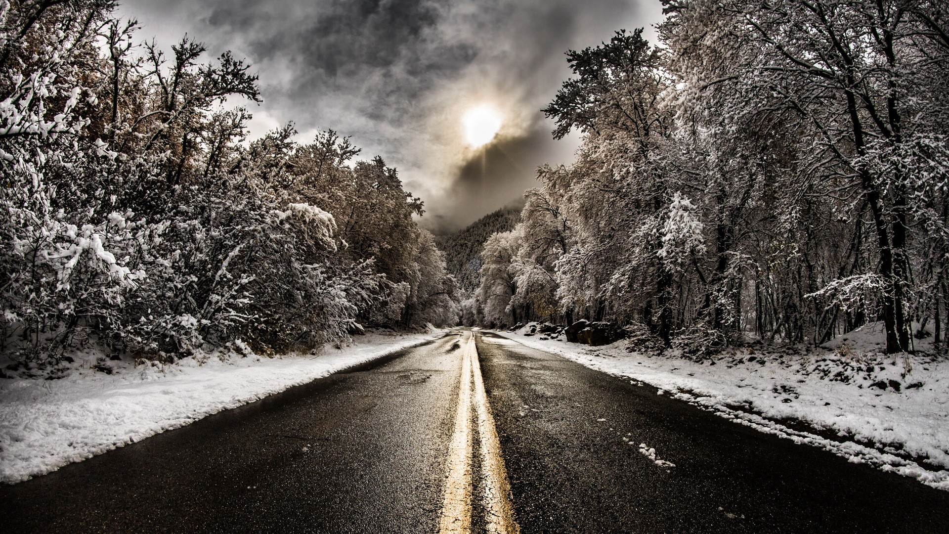 Magical Winter Road Sky Blacktop Clouds Forest Landscape Desktop ...