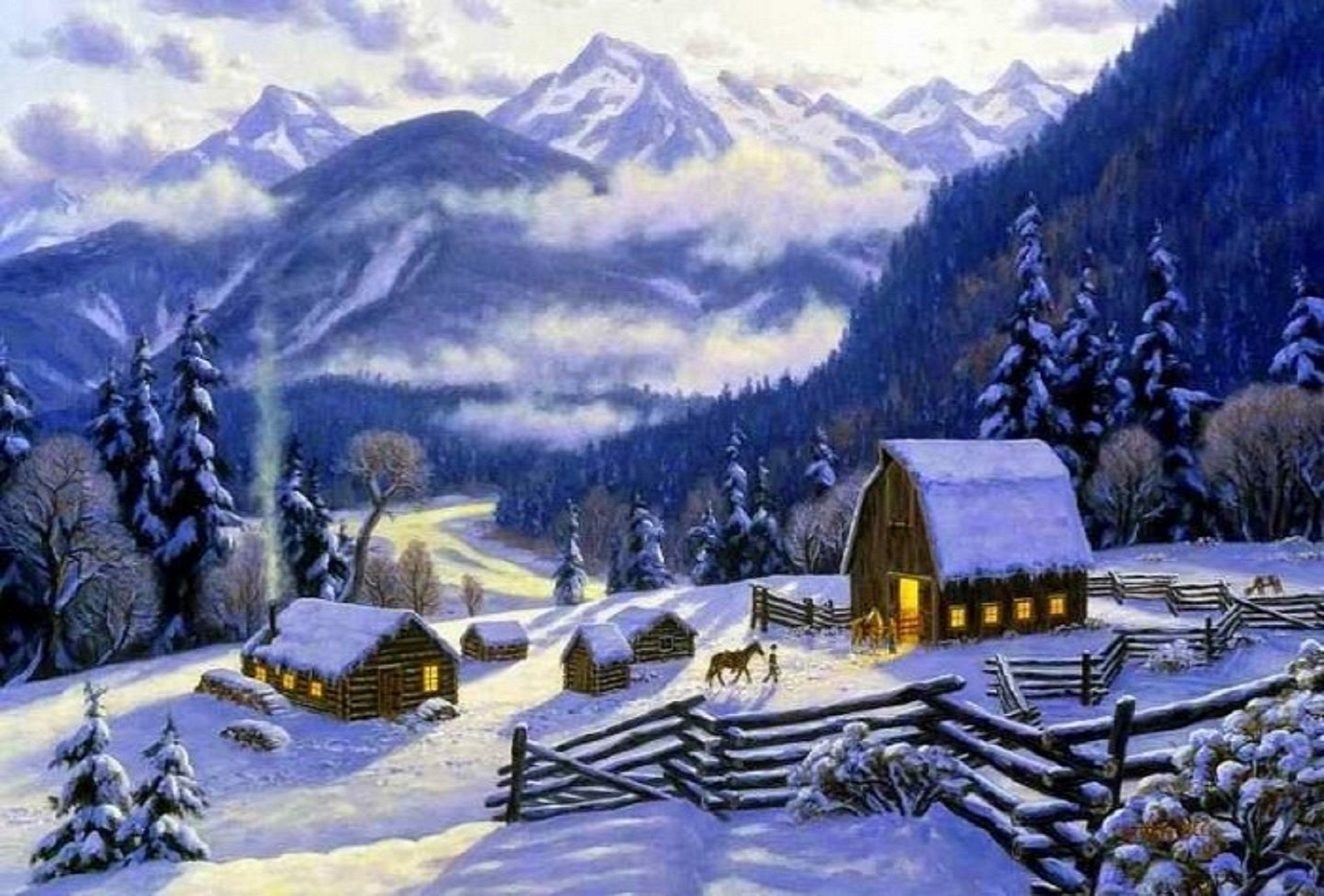 Winter: Year Seasons Paintings Mountains Xmas Christmas Four Scenery ...