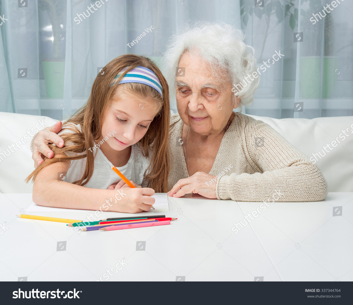 Portrait Little Girl Grandmother Drawing Pencils Stock Photo (Edit ...