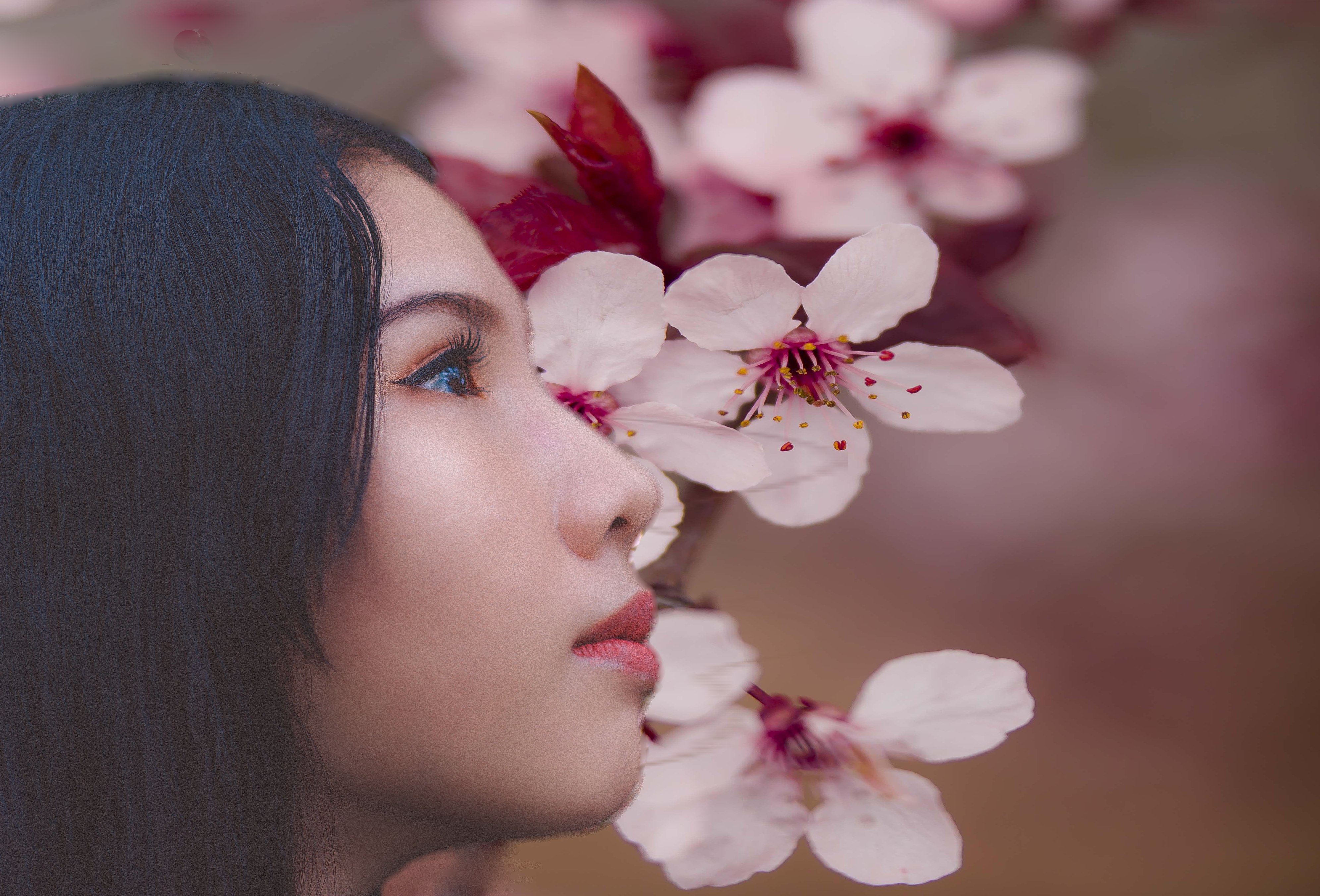 Woman beside cherry blossoms photo