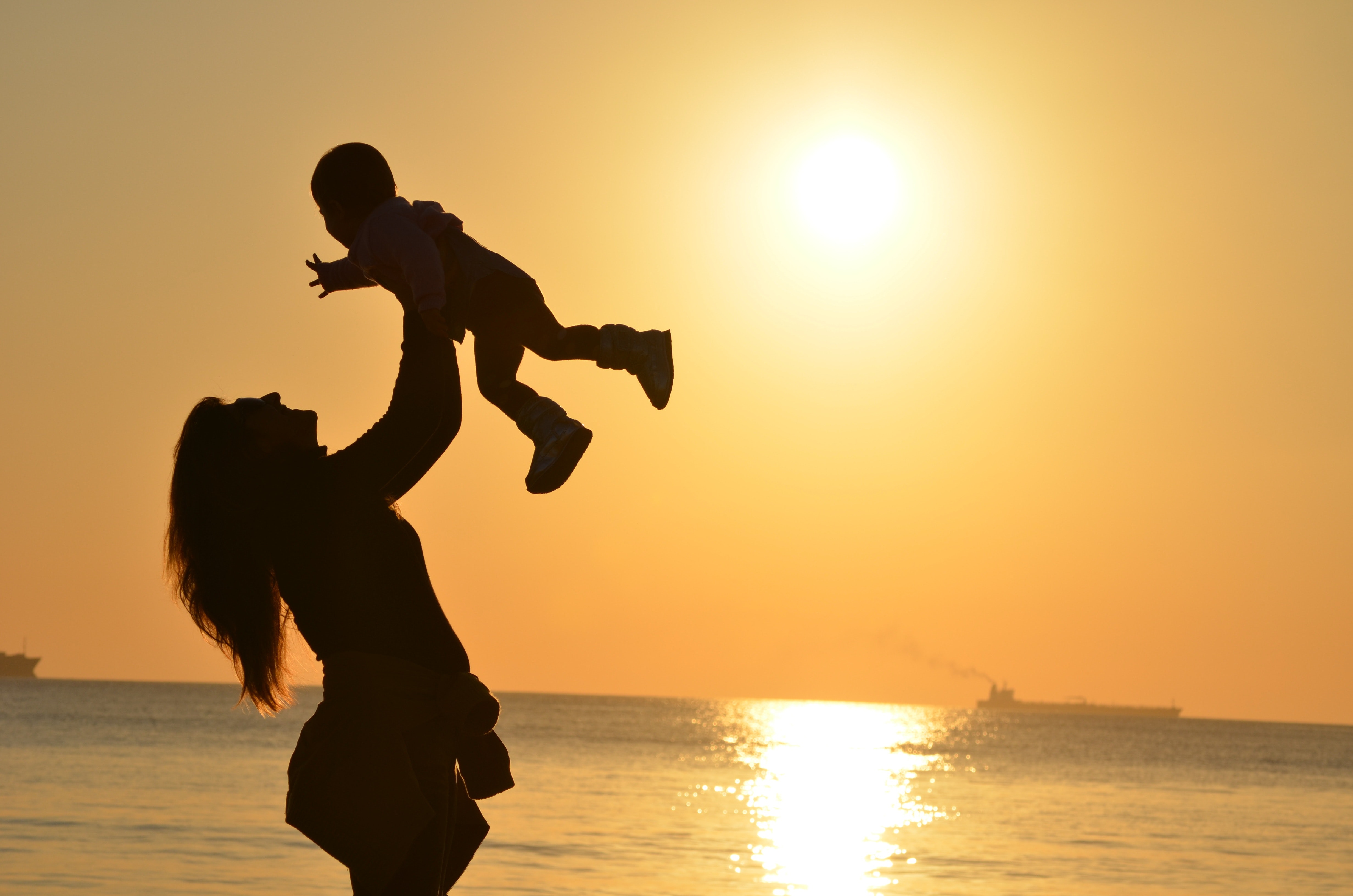 Woman Carrying Baby at Beach during Sunset, Baby, Beach, Child, Dawn, HQ Photo