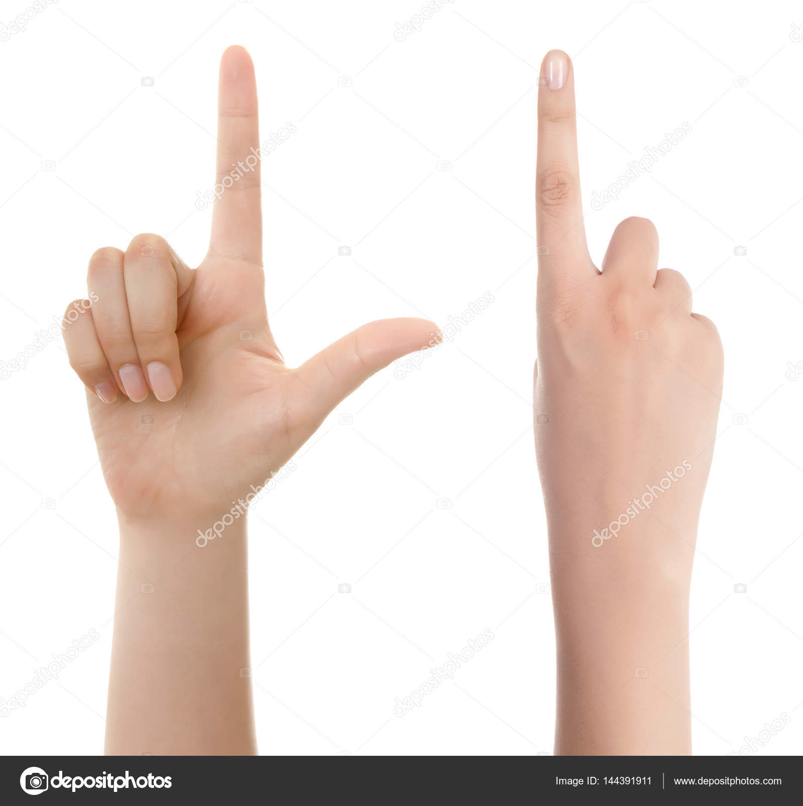 Woman hand pointing up with index finger or touching screen back ...