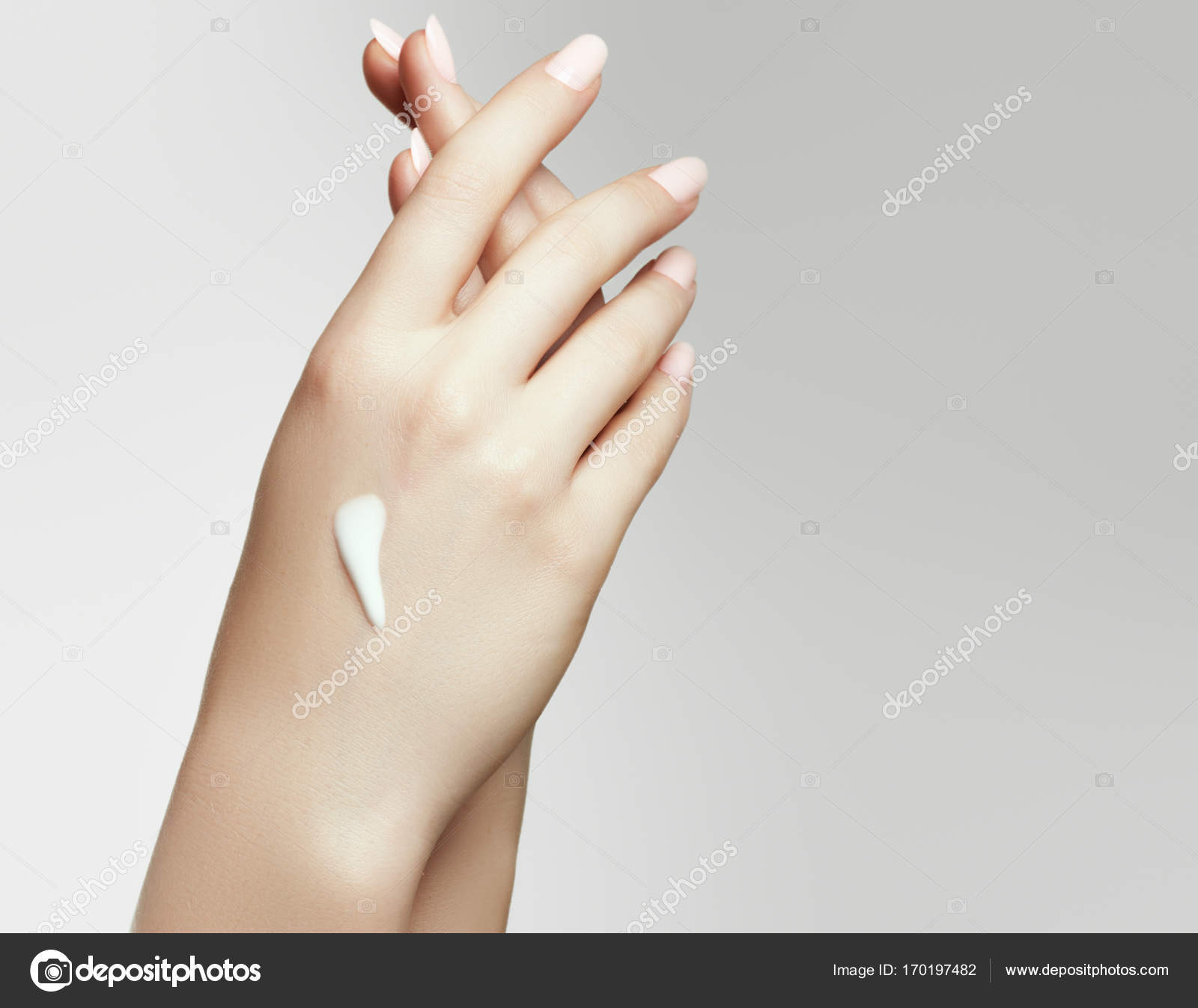 Woman Hand With Cream. Closeup Portrait Of Beautiful Happy Girl With ...