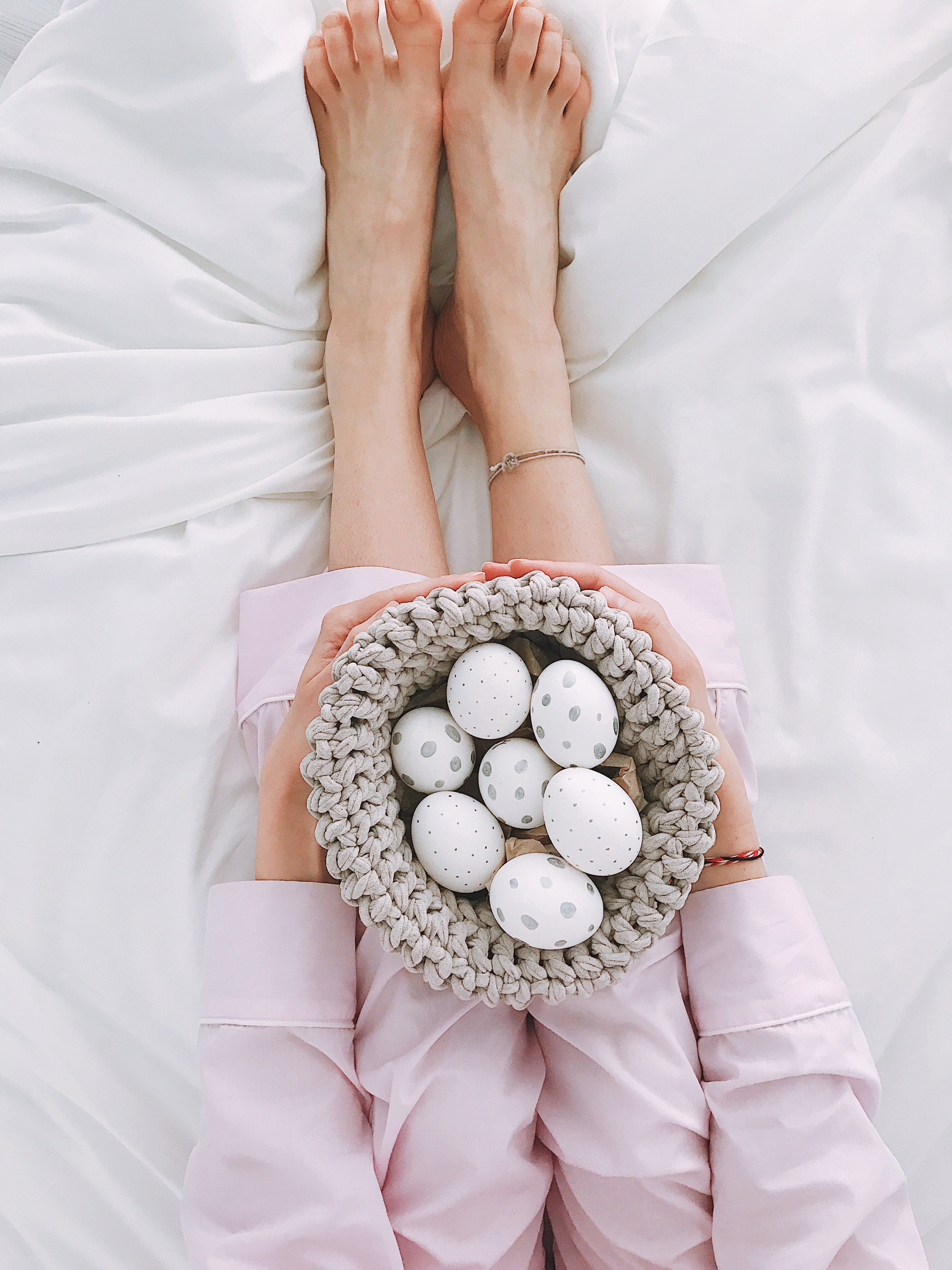 Woman Holding Gray Crochet Bowl With Seven Painted Eggs, Adult, Hands, Style, Relaxation, HQ Photo
